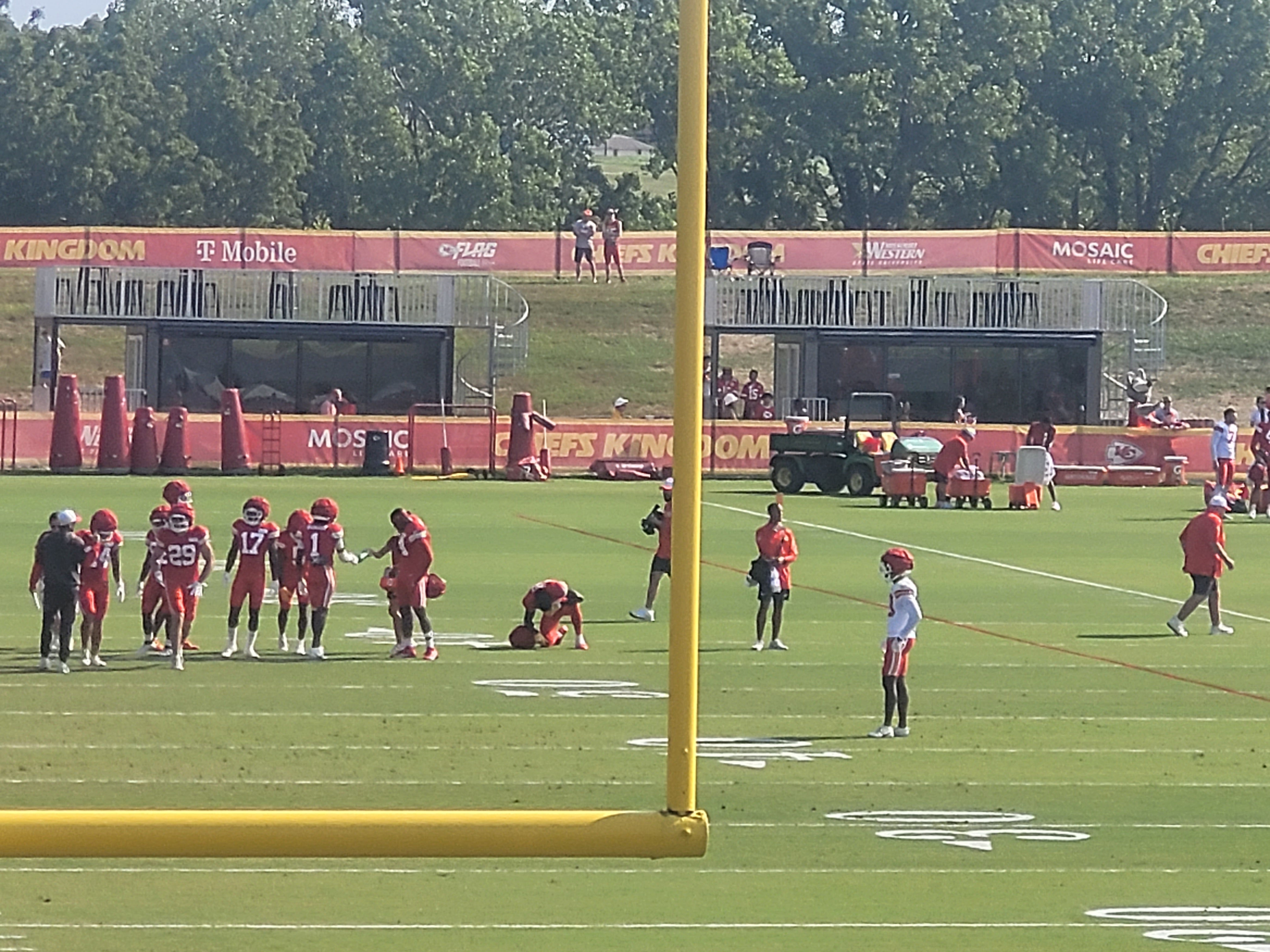Chiefs WR Kadarius Toney taking a knee after injuring his ankle during training camp.