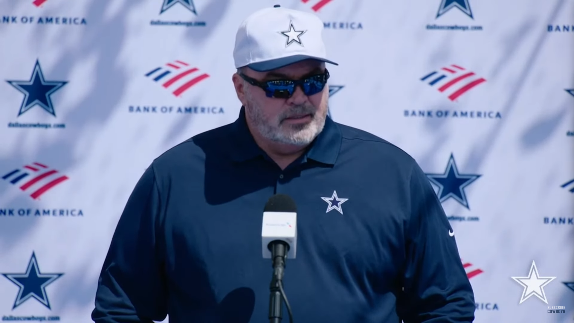 Dallas Cowboys HC Mike McCarthy talks to reporters ahead of second day of padded practice in training camp.