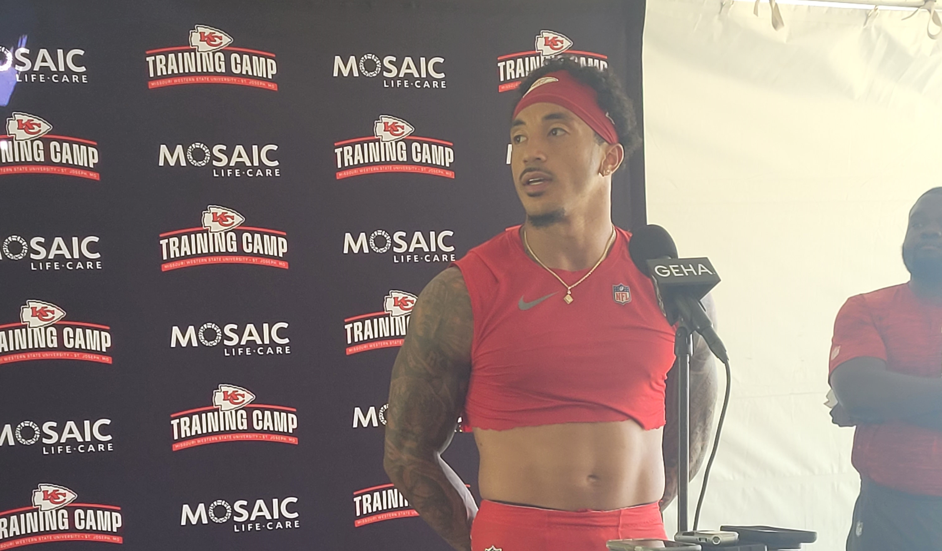 Chiefs WR Nikko Remigio speaks to media members after training camp practices in St. Joseph, Missouri.