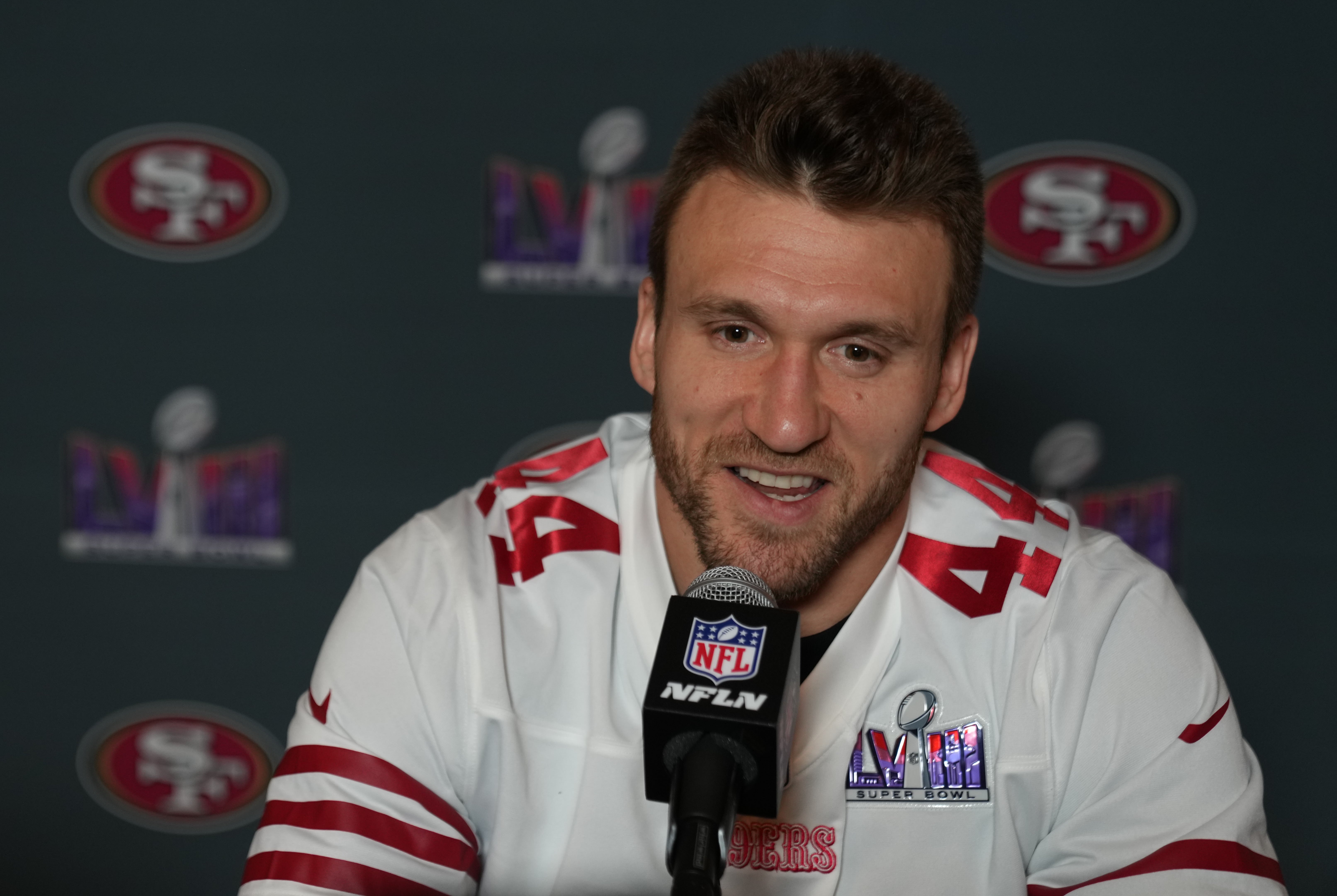 Feb 8, 2024; Las Vegas, NV, USA; San Francisco 49ers fullback Kyle Juszczyk (44) during a press conference before Super Bowl LVIII at Hilton Lake Las Vegas Resort and Spa.