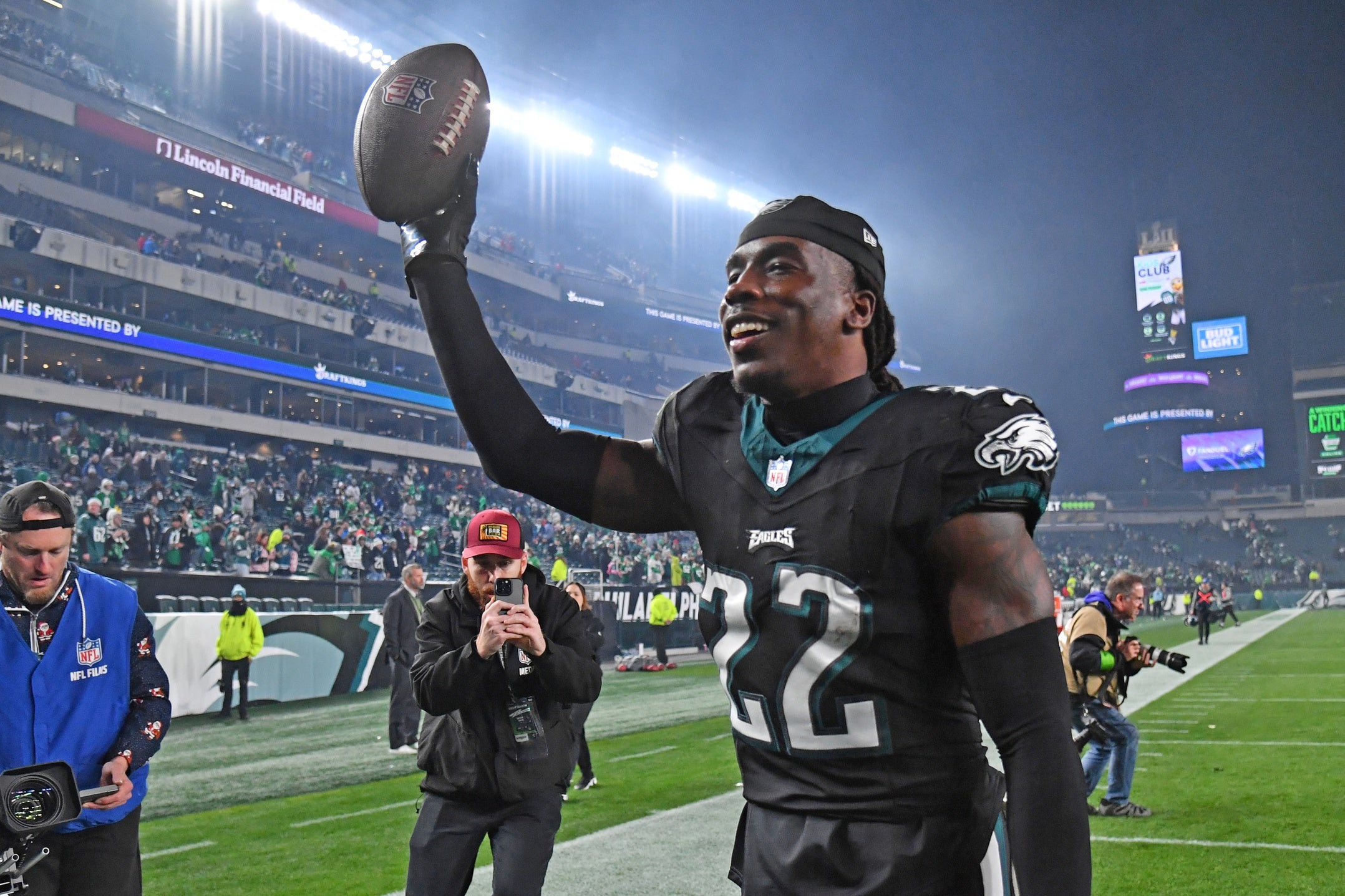 Philadelphia Eagles cornerback Kelee Ringo (22) runs off the field after win against the New York Giants at Lincoln Financial Field.