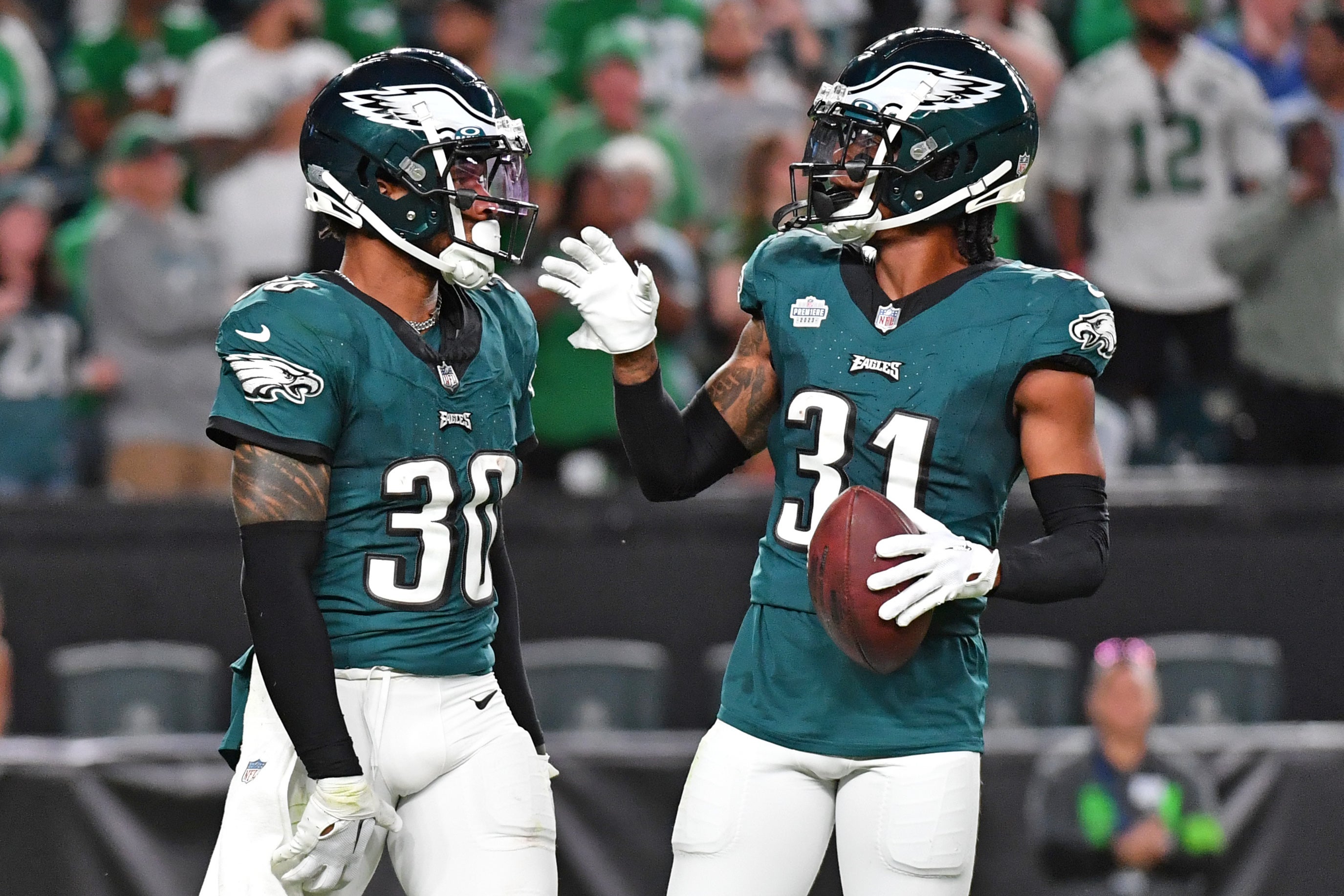 Philadelphia Eagles safety Justin Evans (30) and cornerback Mario Goodrich (31) against the Minnesota Vikings at Lincoln Financial Field.