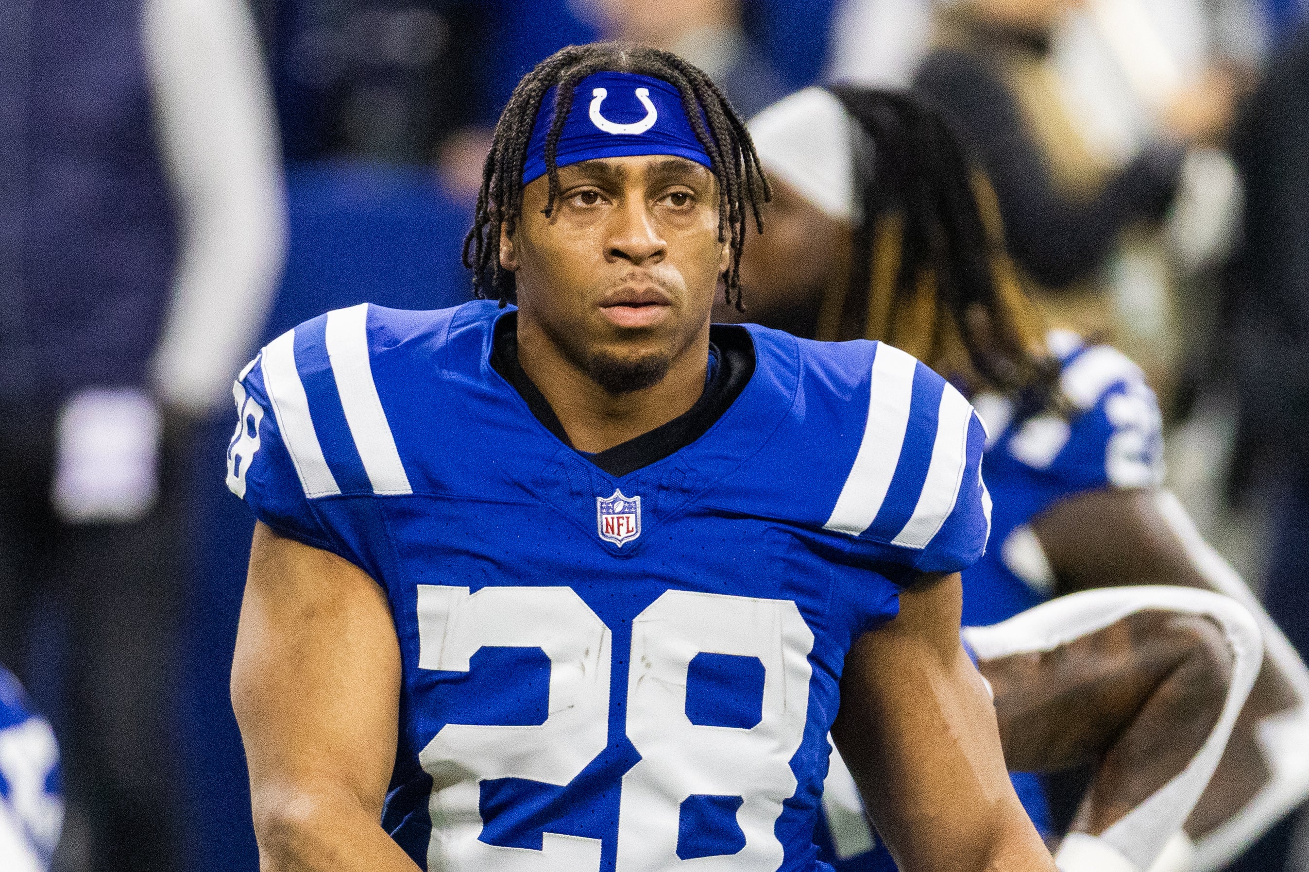 Dec 31, 2023; Indianapolis, Indiana, USA; Indianapolis Colts running back Jonathan Taylor (28) during warmups before the game against the Las Vegas Raiders at Lucas Oil Stadium.