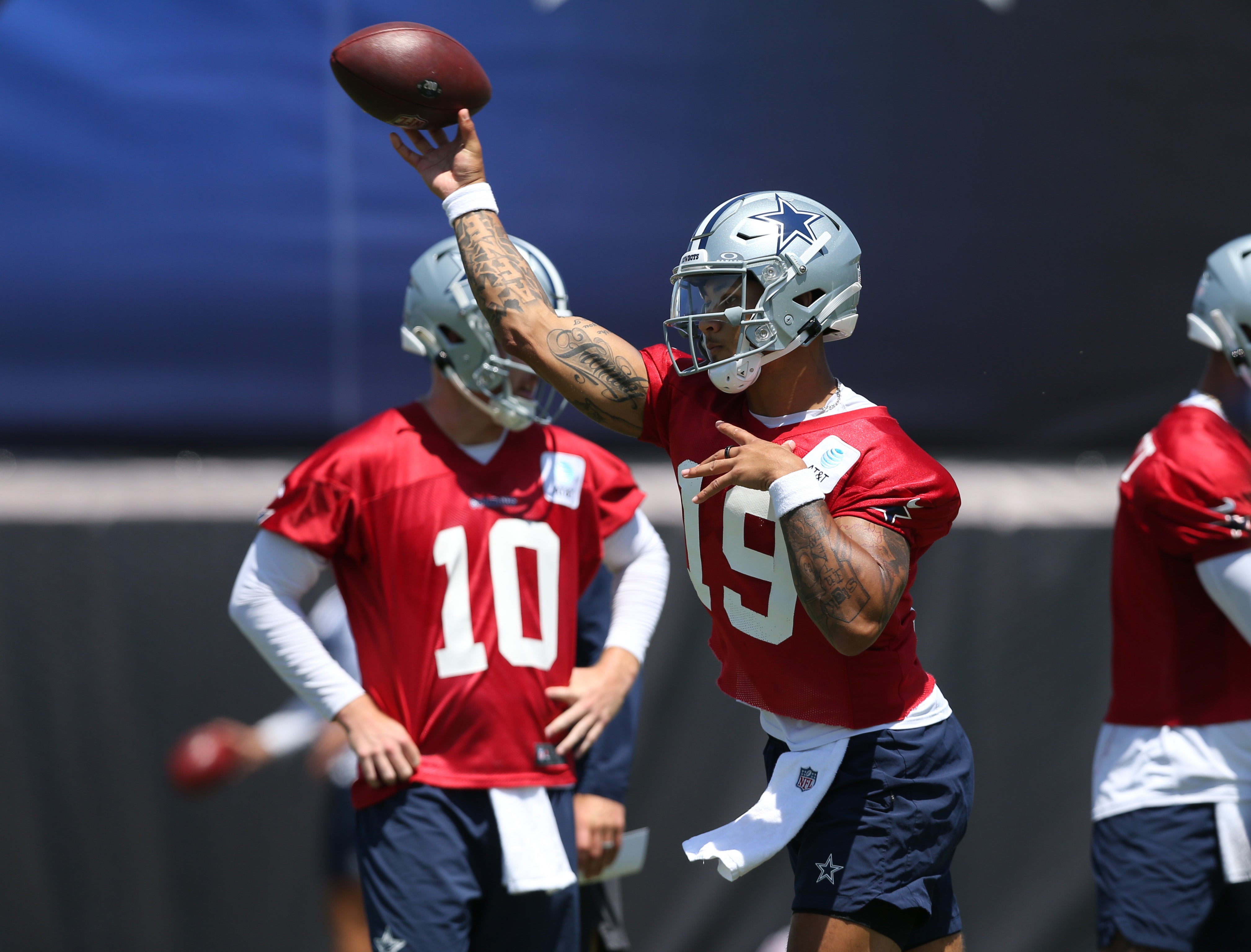 Dallas Cowboys quarterback Trey Lance (19) throws during training camp at the River Ridge Playing Fields in Oxnard, Californian.