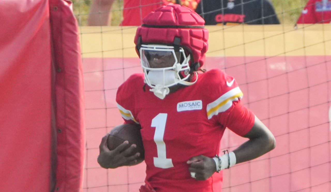 Jul 26, 2024; Kansas City, MO, USA; Kansas City Chiefs wide receiver Xavier Worthy (1) runs the ball during training camp at Missouri Western State University.