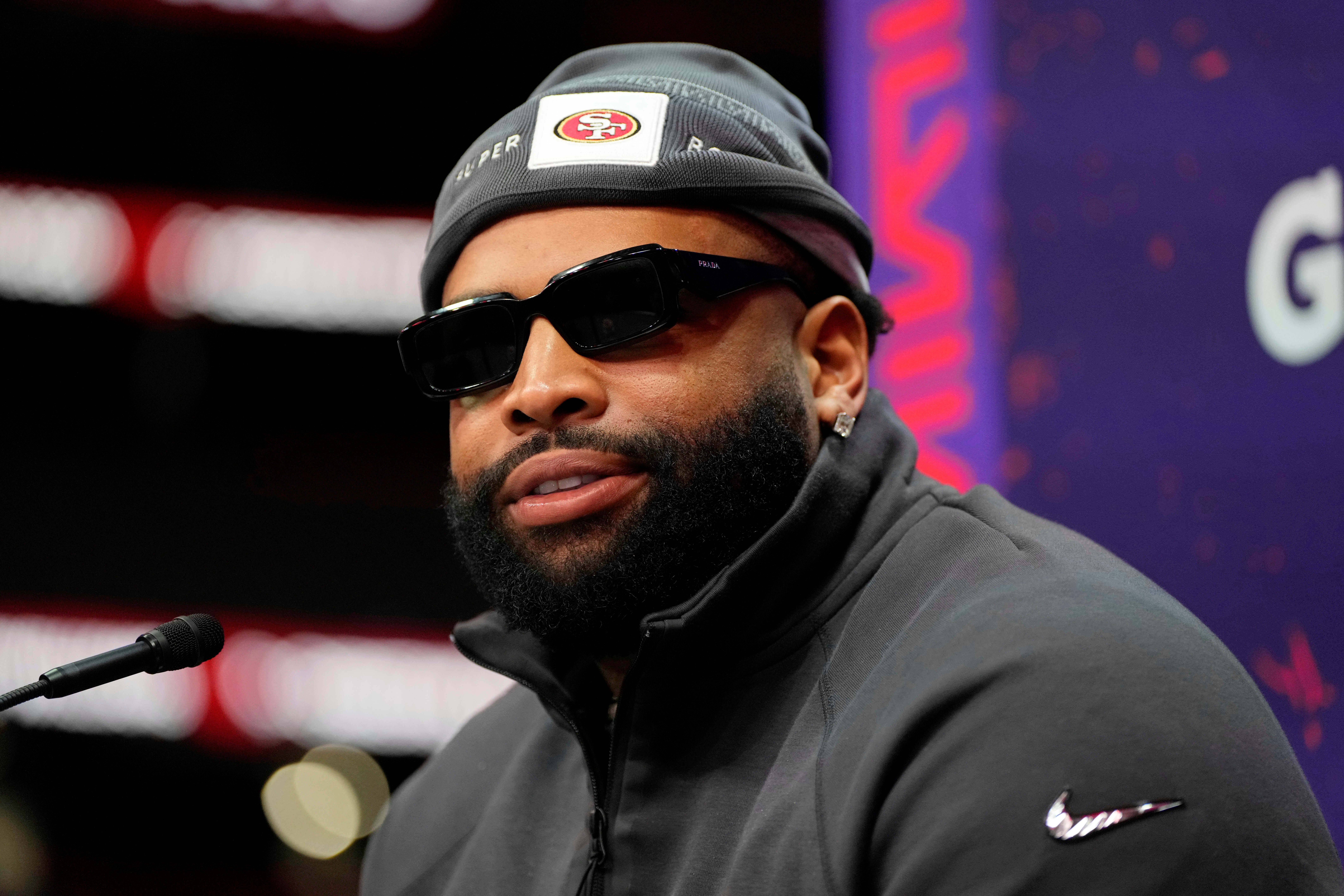 Feb 5, 2024; Las Vegas, NV, USA; San Francisco 49ers offensive tackle Trent Williams (71) talks to the media during Super Bowl LVIII Opening Night at Allegiant Stadium.