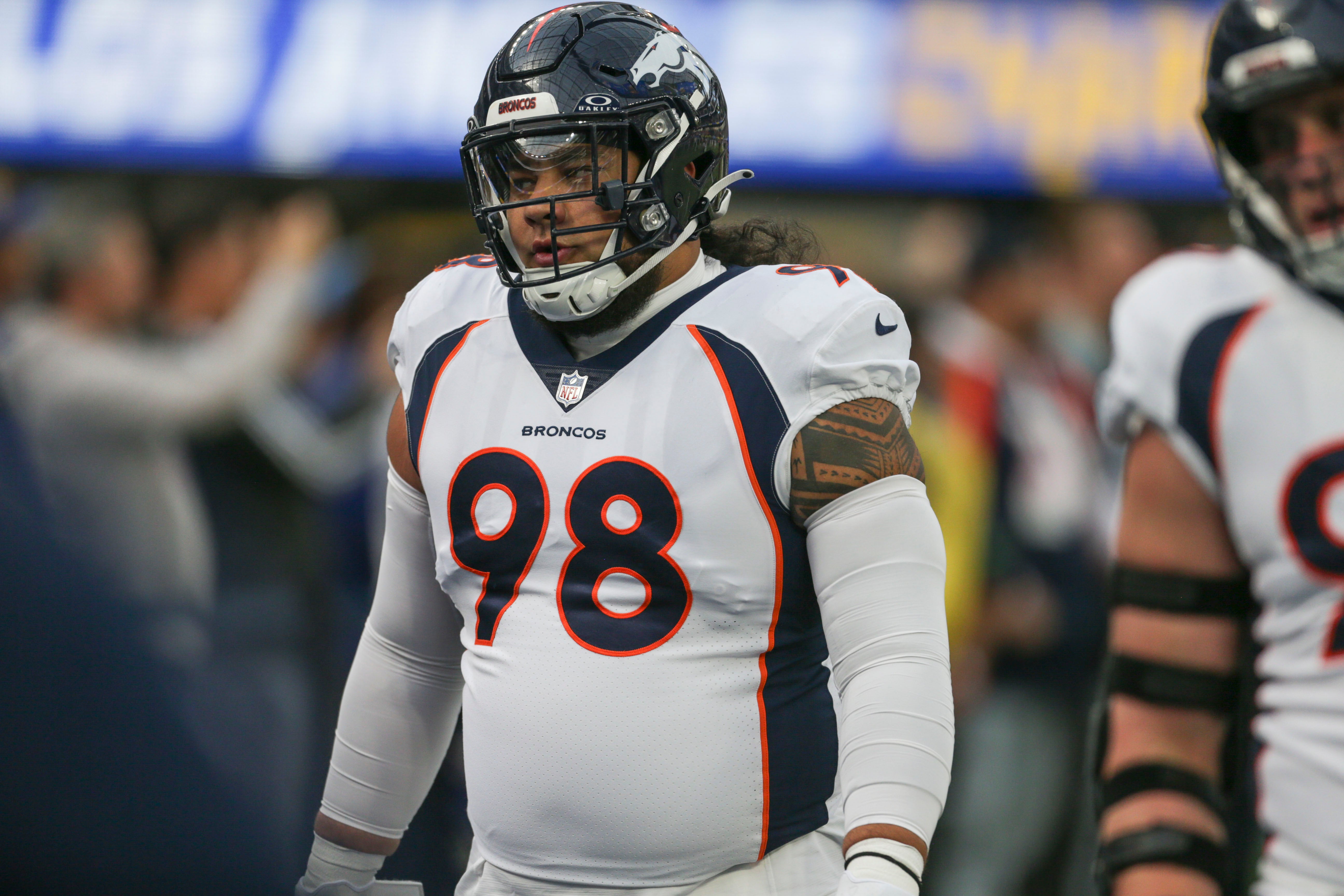 Dec 10, 2023; Inglewood, California, USA; Denver Broncos defensive linesmen Mike Purcell (98) during pregame in a game against the Los Angeles Rams at SoFi Stadium.