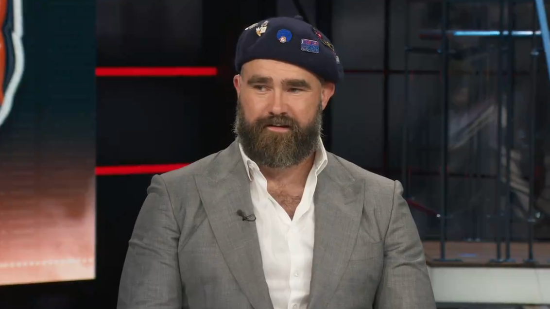 Jason Kelce wears a Beret during his time on NFL Countdown on ESPN prior to the Hall of Fame game.