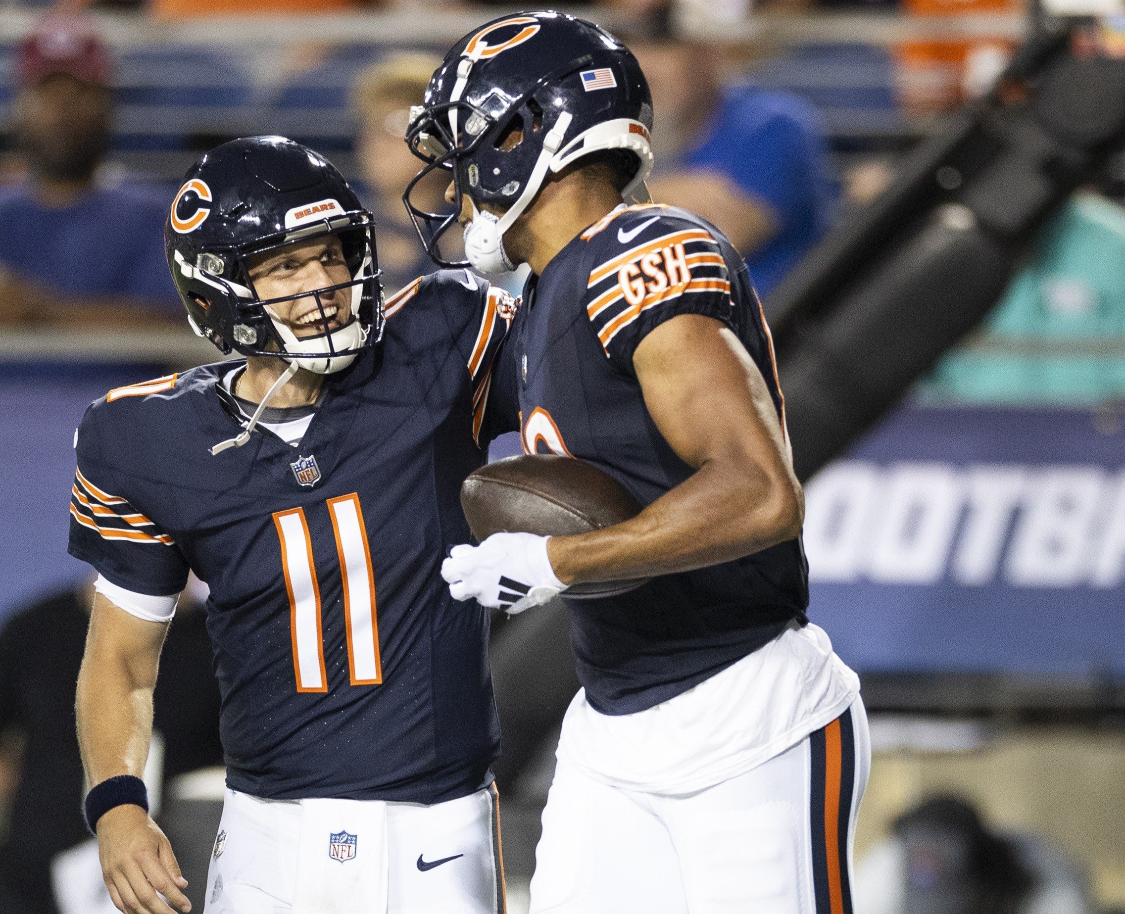 Aug 1, 2024; Canton, Ohio, USA; Chicago Bears quarterback Brett Rypien (11) congratulates wide receiver Collin Johnson (80) on his touchdown during the third quarter against the Chicago Bears at Tom Benson Hall of Fame Stadium.