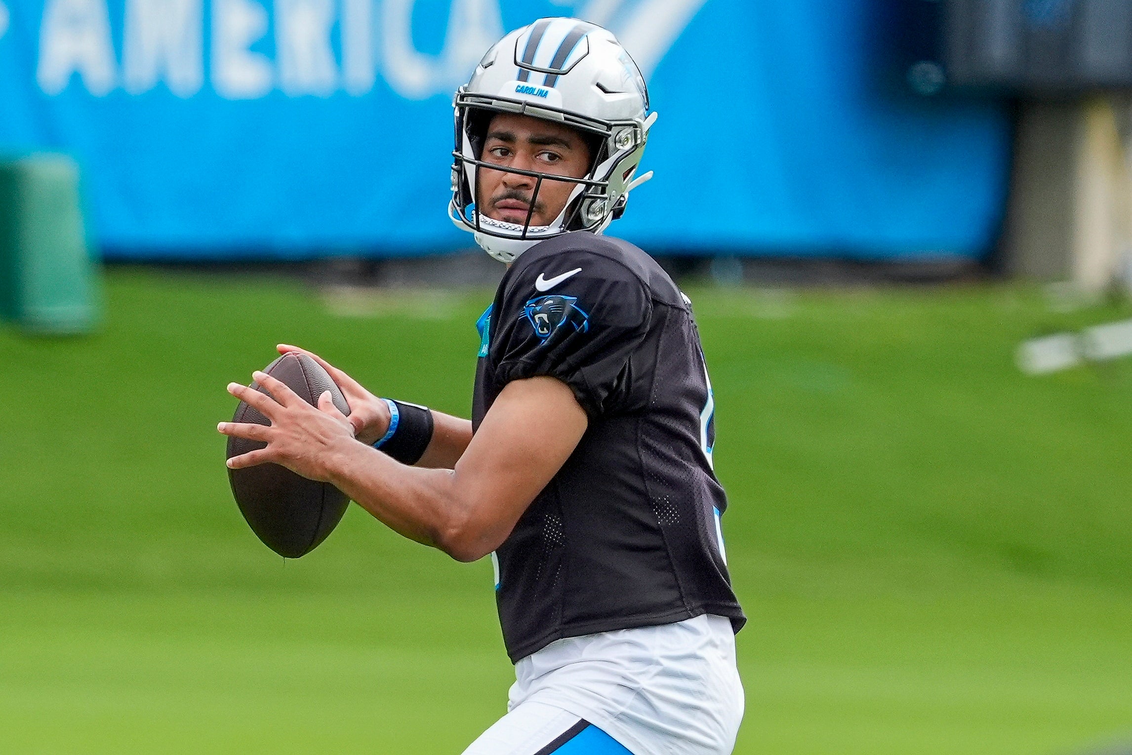 Jul 30, 2024; Charlotte, NC, USA; Carolina Panthers quarterback Bryce Young (9) throws during training camp at Carolina Panthers Practice Fields. Mandatory Credit: Jim Dedmon-USA TODAY Sports