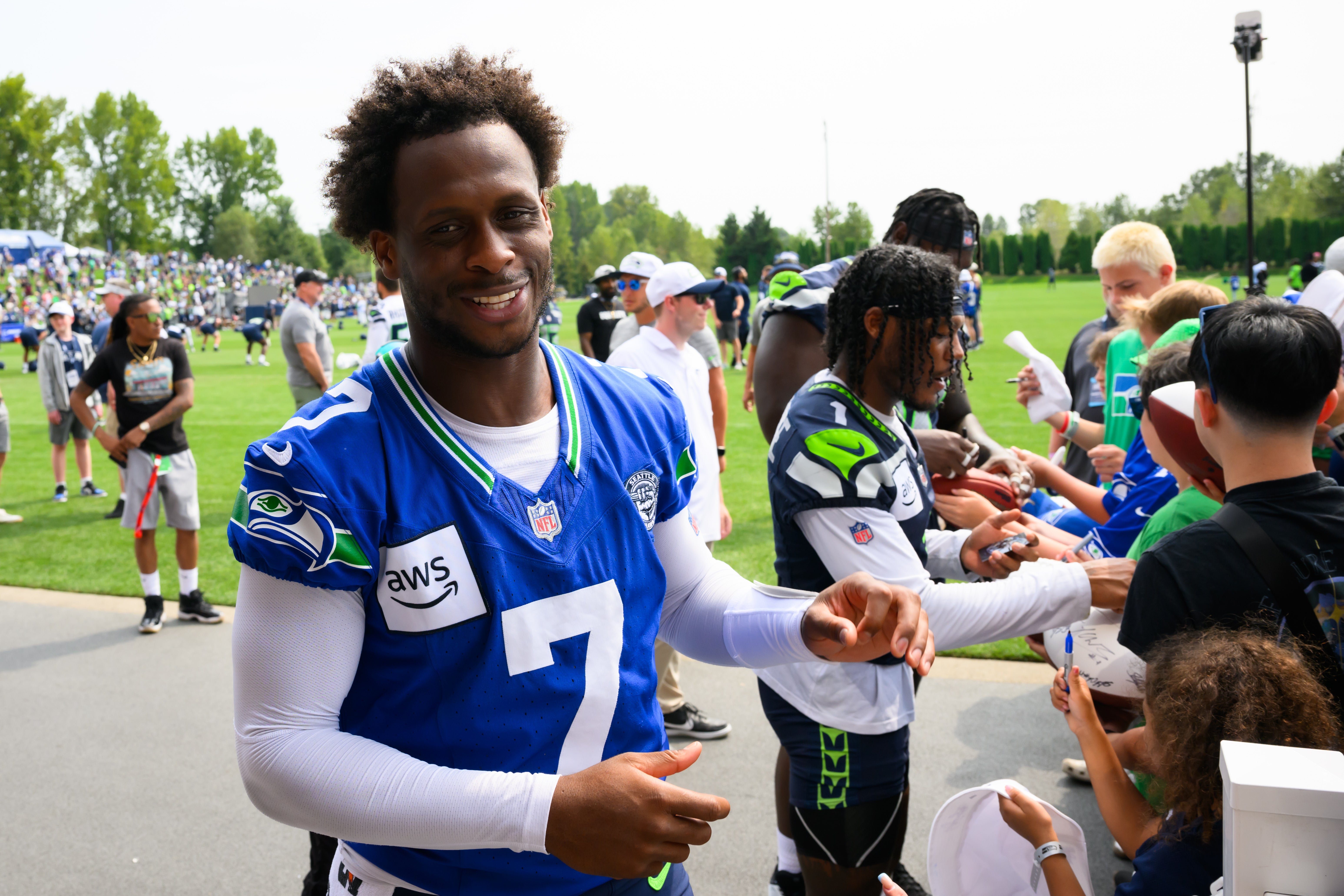 Jul 27, 2024; Renton, WA, USA; Seattle Seahawks quarterback Geno Smith (7) after training camp at Virginia Mason Athletic Center.