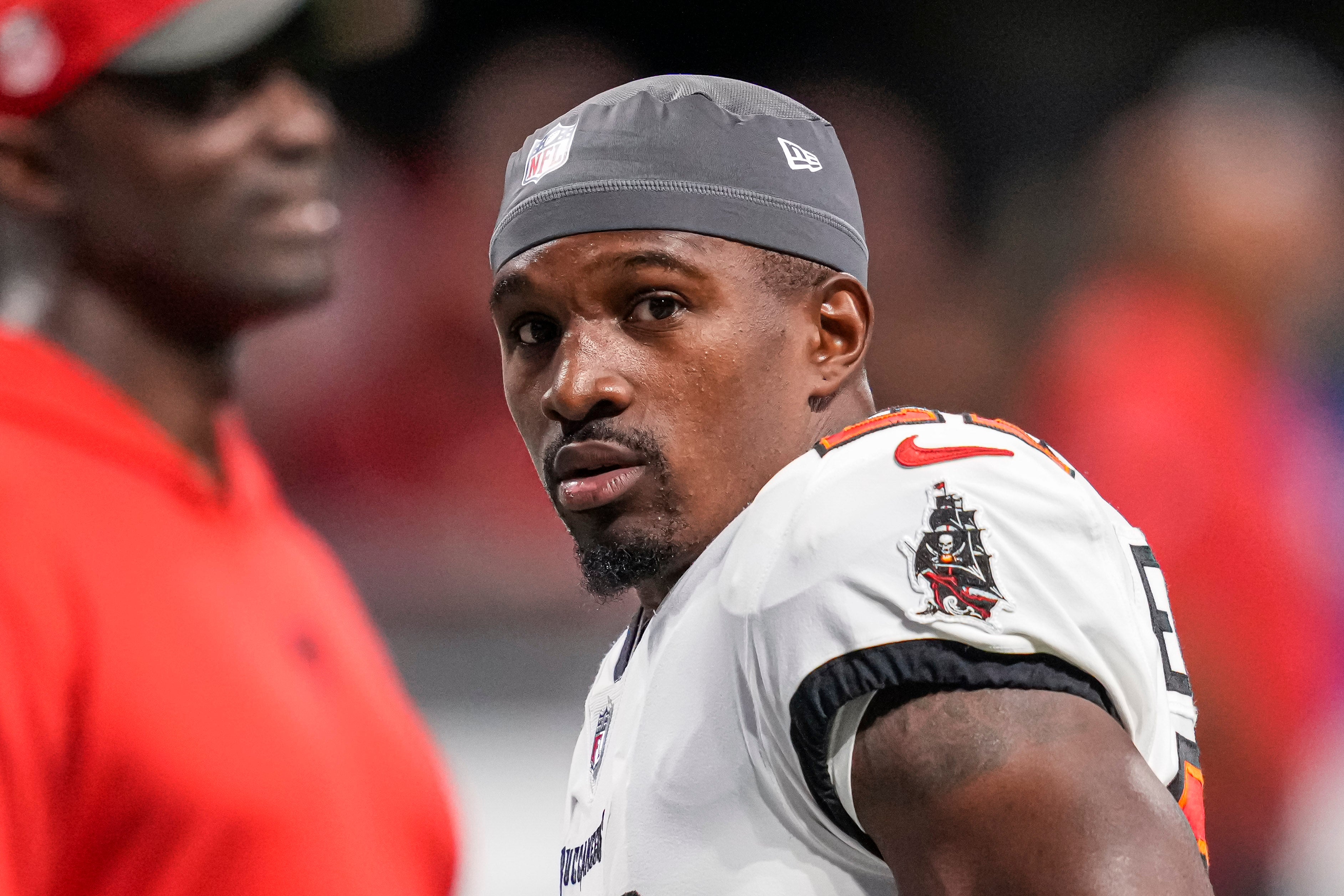 Dec 10, 2023; Atlanta, Georgia, USA; Tampa Bay Buccaneers running back Chase Edmonds (22) on the field prior to the game against the Atlanta Falcons at Mercedes-Benz Stadium.
