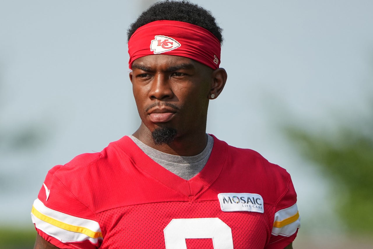 Jul 22, 2024; St. Joseph, MO, USA; Kansas City Chiefs wide receiver Justyn Ross (8) walks down the hill from the locker room to the fields prior to training camp at Missouri Western State University.