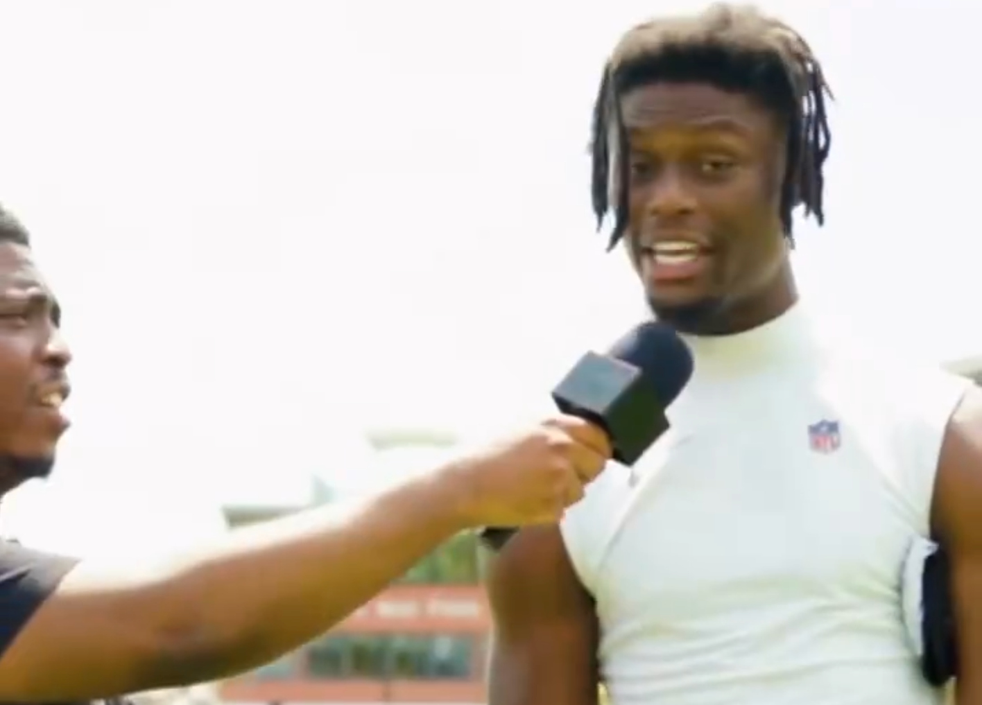 Pittsburgh Steelers WR George Pickens reacts to his 2025 EA Sports Madden rating at training camp in Latrobe, Pennsylvania 8/1/24.