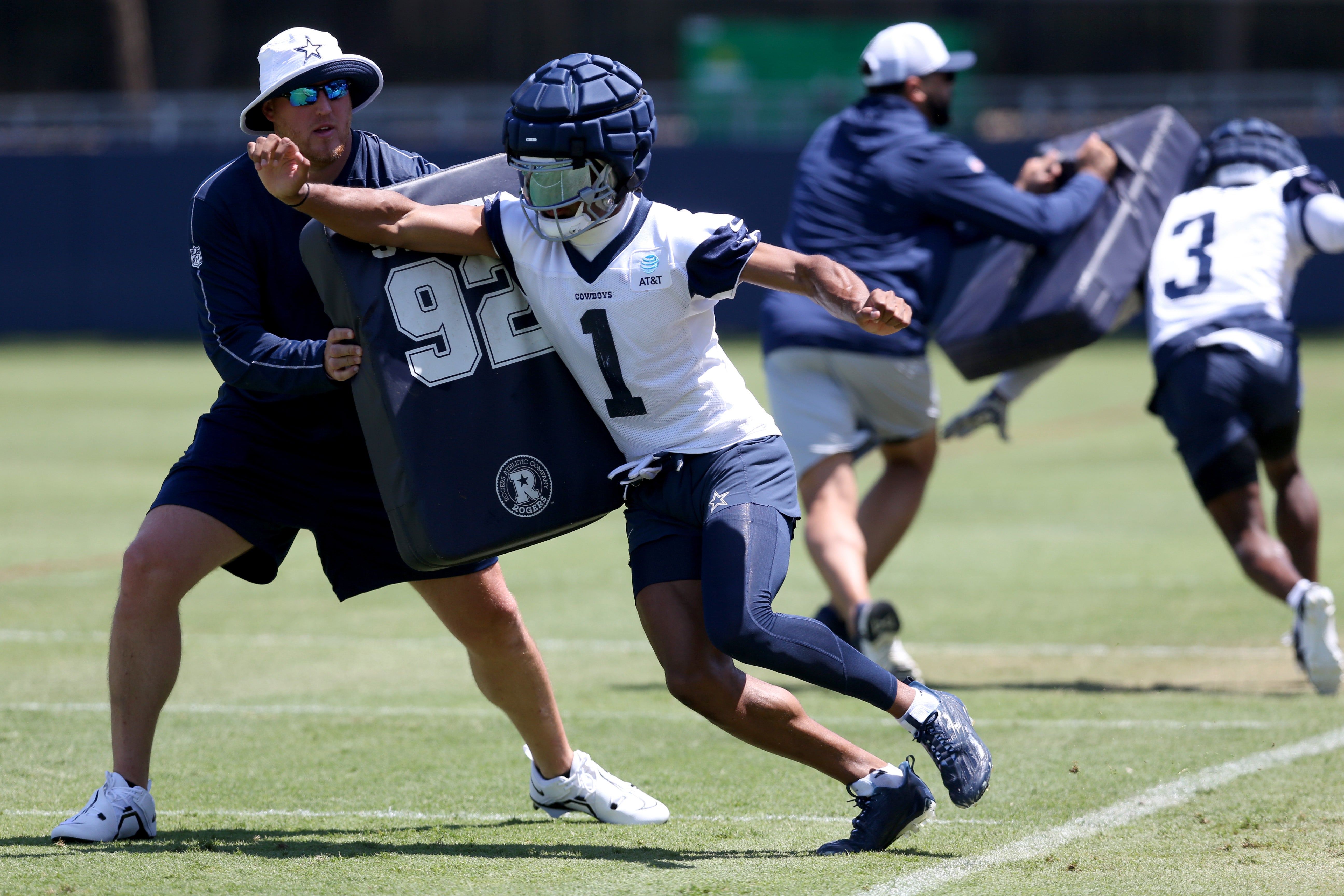 Dallas Cowboys wide receiver Jalen Tolbert (1) during training camp at the River Ridge Playing Fields in Oxnard, Californian.