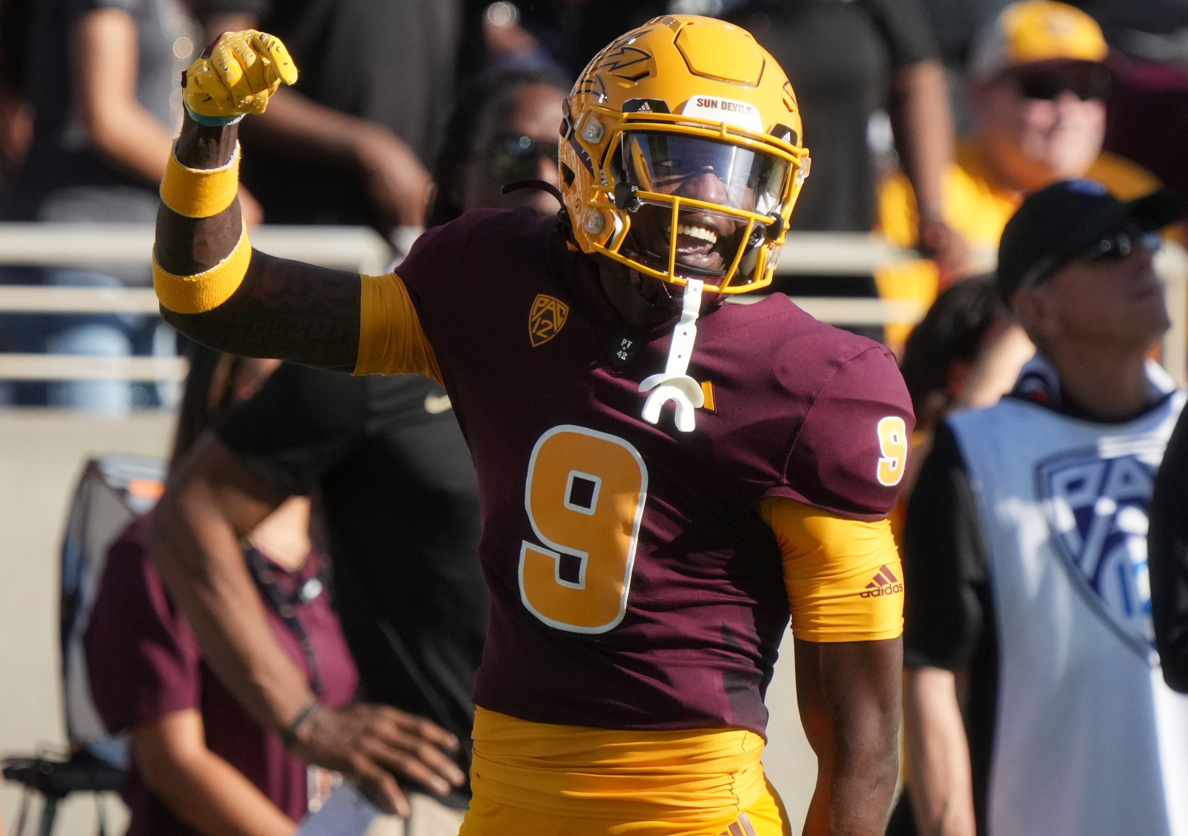 Oct 7, 2023; Tempe, Arizona, USA; ASU Sun Devils defensive back Ro Torrence (9) celebrates his deflected pass against the Colorado Buffaloes at Mountain America Stadium. Joe Rondone/The Republic / USA TODAY NETWORK