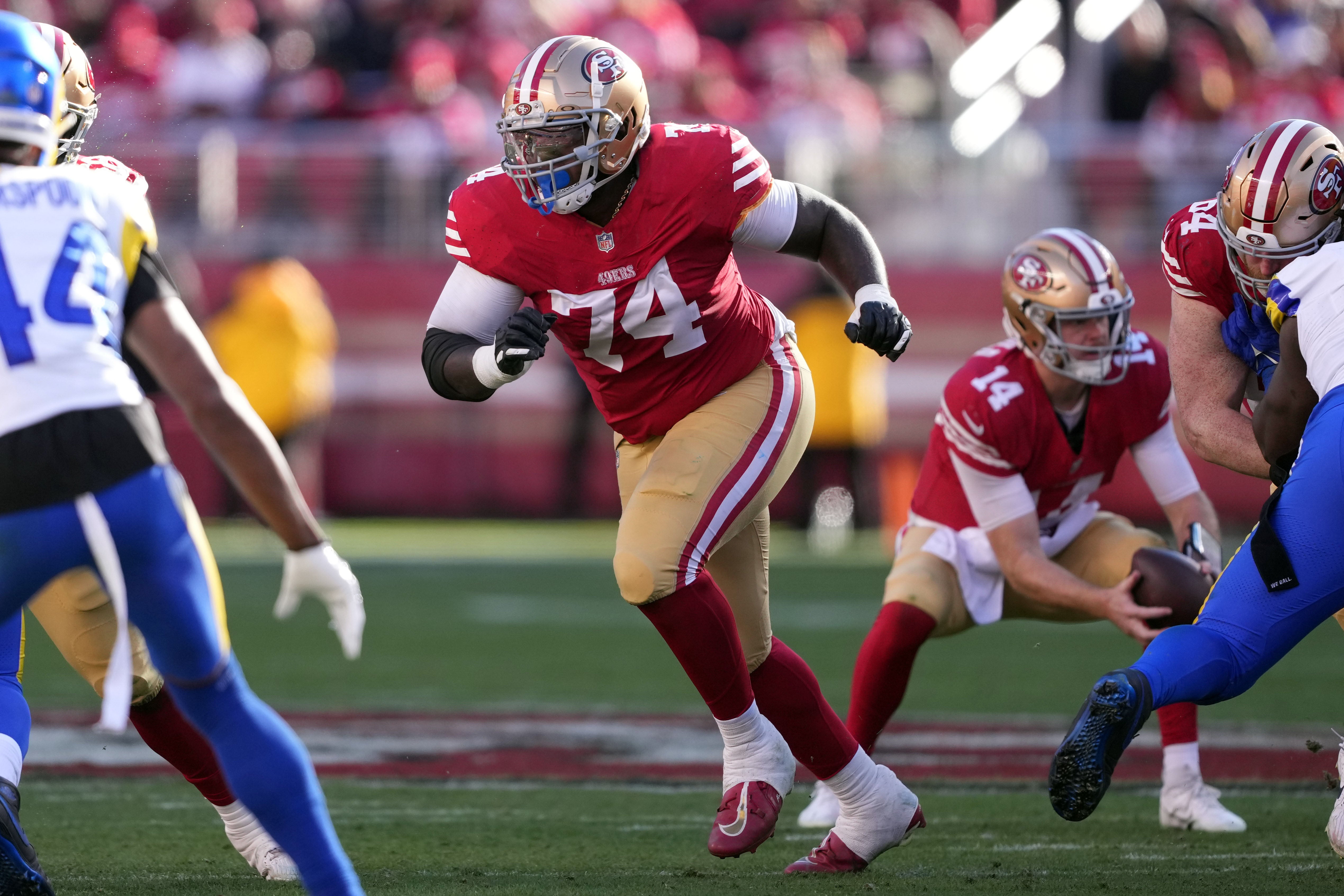 Jan 7, 2024; Santa Clara, California, USA; San Francisco 49ers offensive tackle Spencer Burford (74) during the second quarter against the Los Angeles Rams at Levi's Stadium.