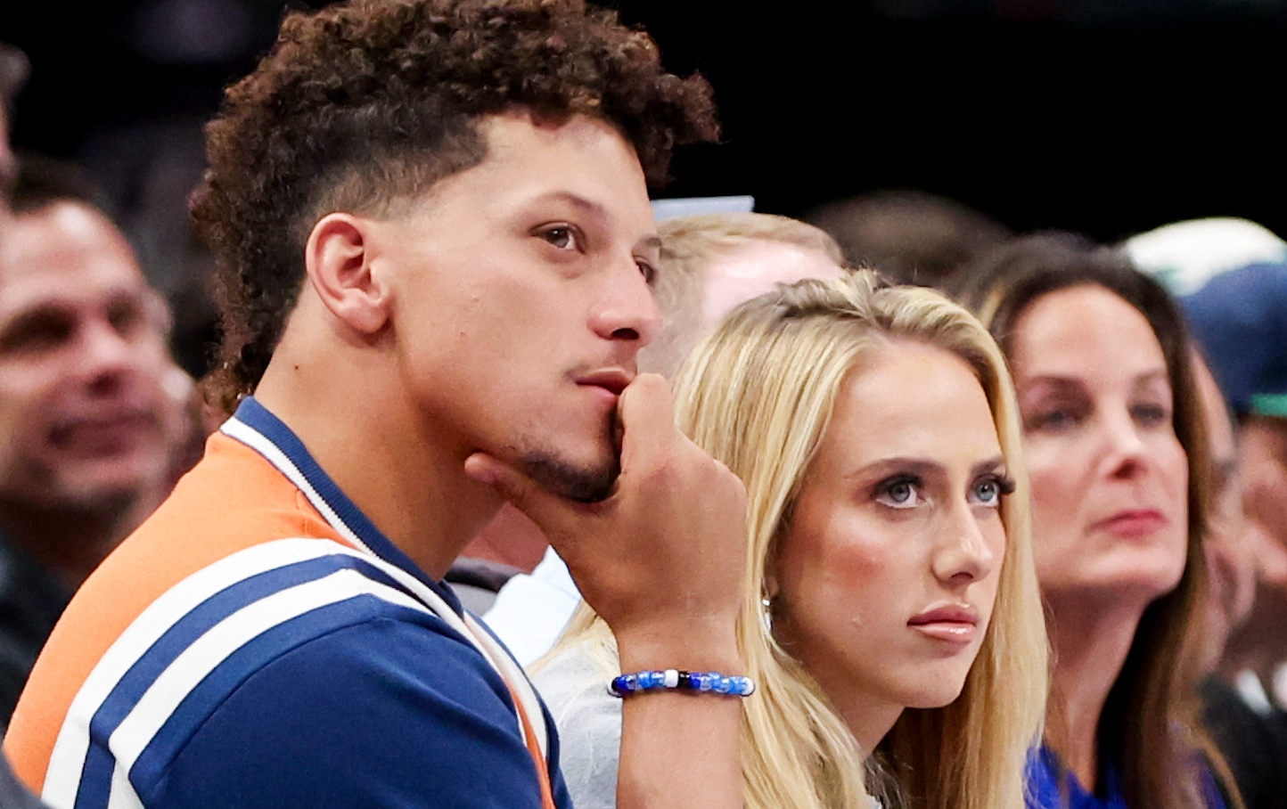 Nov 8, 2023; Dallas, Texas, USA; Kansas City Chiefs quarterback Patrick Mahomes II and wife Brittany watch the game between the Dallas Mavericks and Toronto Raptors at American Airlines Center.