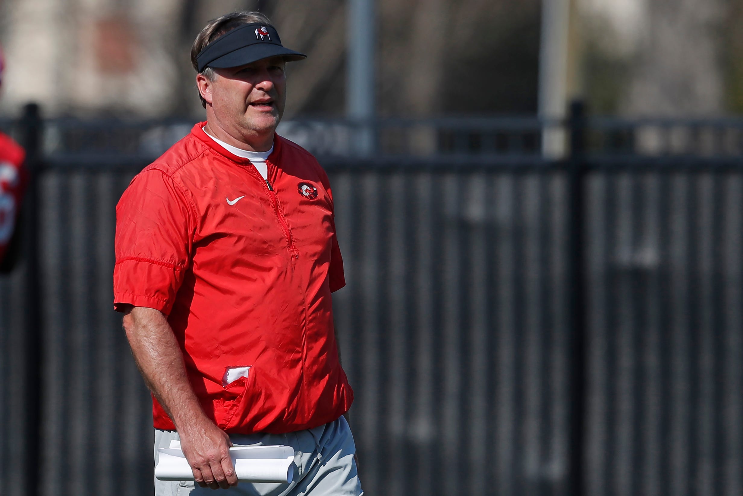 Georgia coach Kirby Smart looks on during spring practice in Athens, Ga., on Thursday, March 14, 2024.