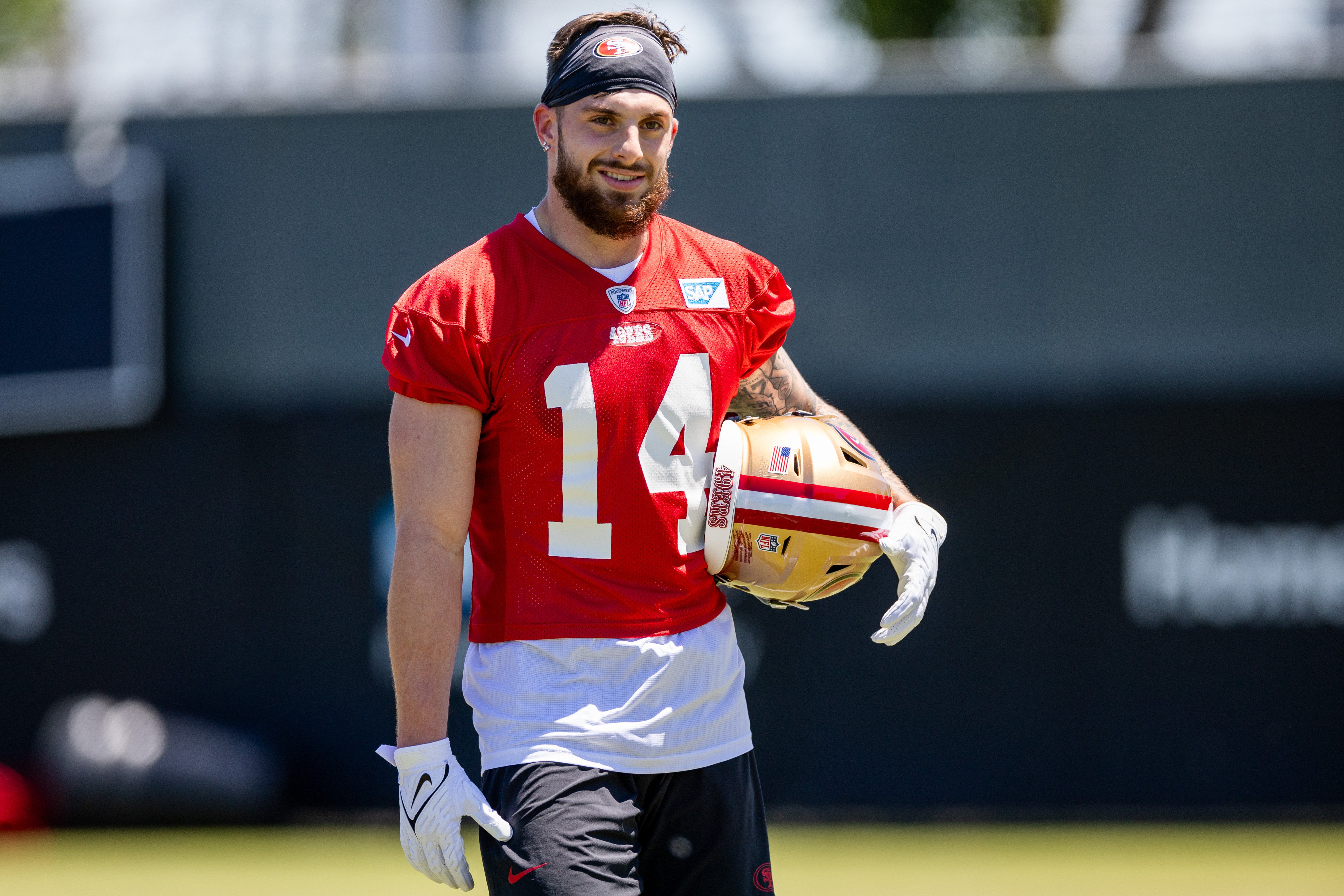 May 10, 2024; Santa Clara, CA, USA; San Francisco 49ers wide receiver Ricky Pearsall (14) smiles during the 49ers rookie minicamp at Levi’s Stadium in Santa Clara, CA.
