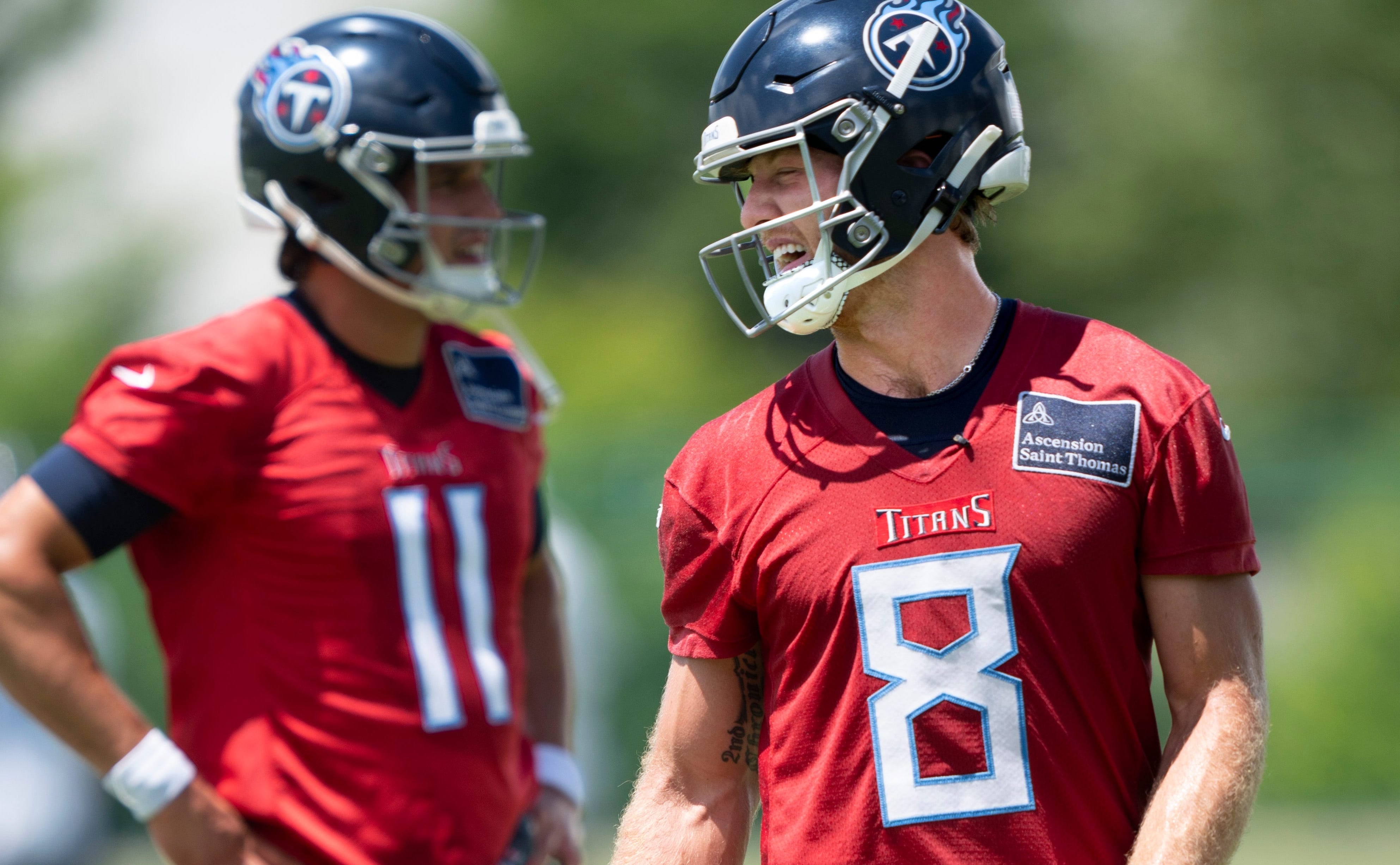 Quarterback Will Levis (8) runs through drills with teammate Mason Rudolph (11) during the Tennessee Titans mandatory mini-camp at Ascension Saint Thomas Sports Park in Nashville, Tenn., Thursday, Jun... Denny Simmons / The Tennessean-USA TODAY NETWORK