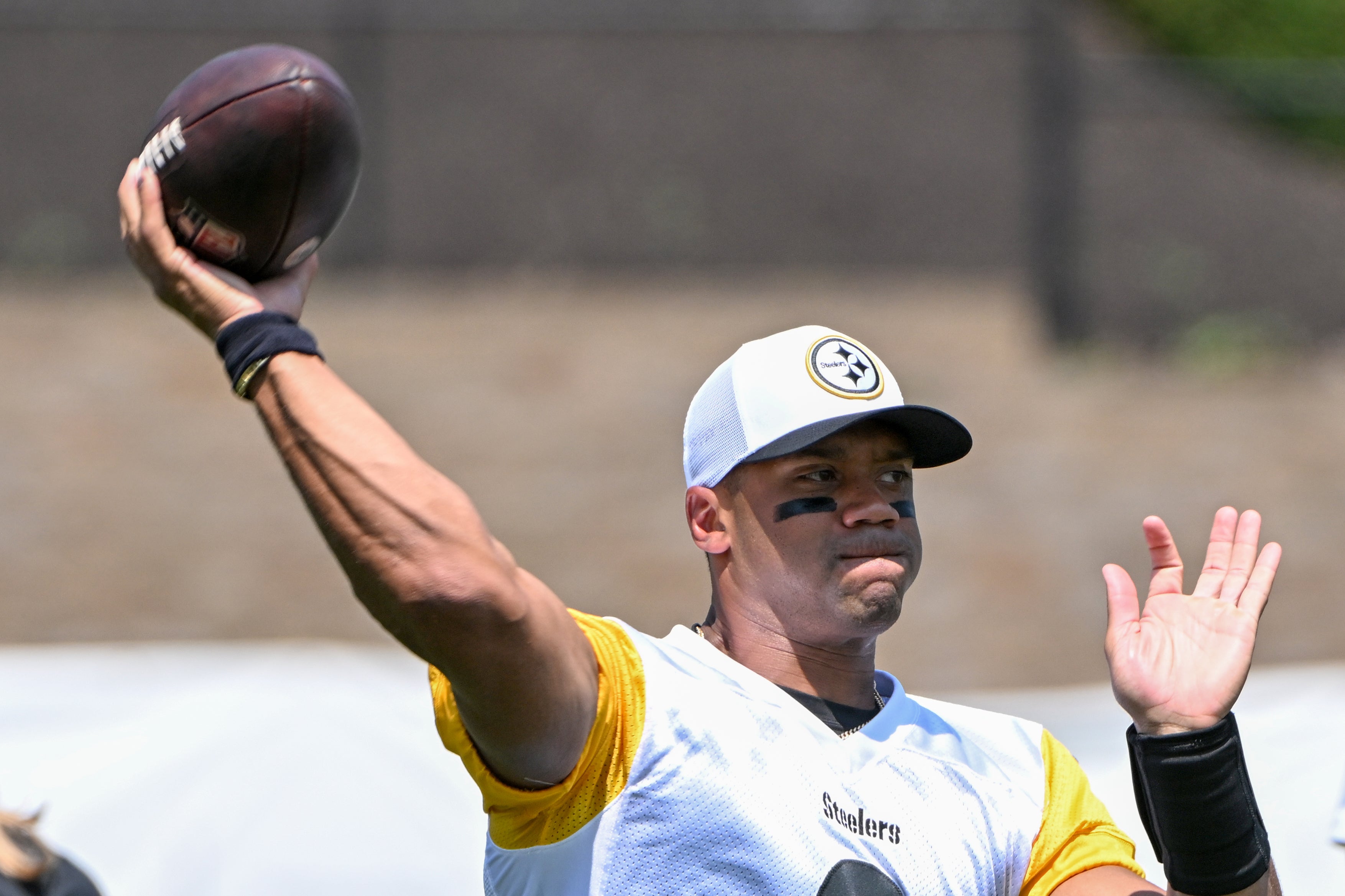 Jul 27, 2024; Latrobe, PA, USA; Pittsburgh Steelers quarterback Russell Wilson (3) participates in drills during training camp at Saint Vincent College. Mandatory Credit: Barry Reeger-USA TODAY Sports