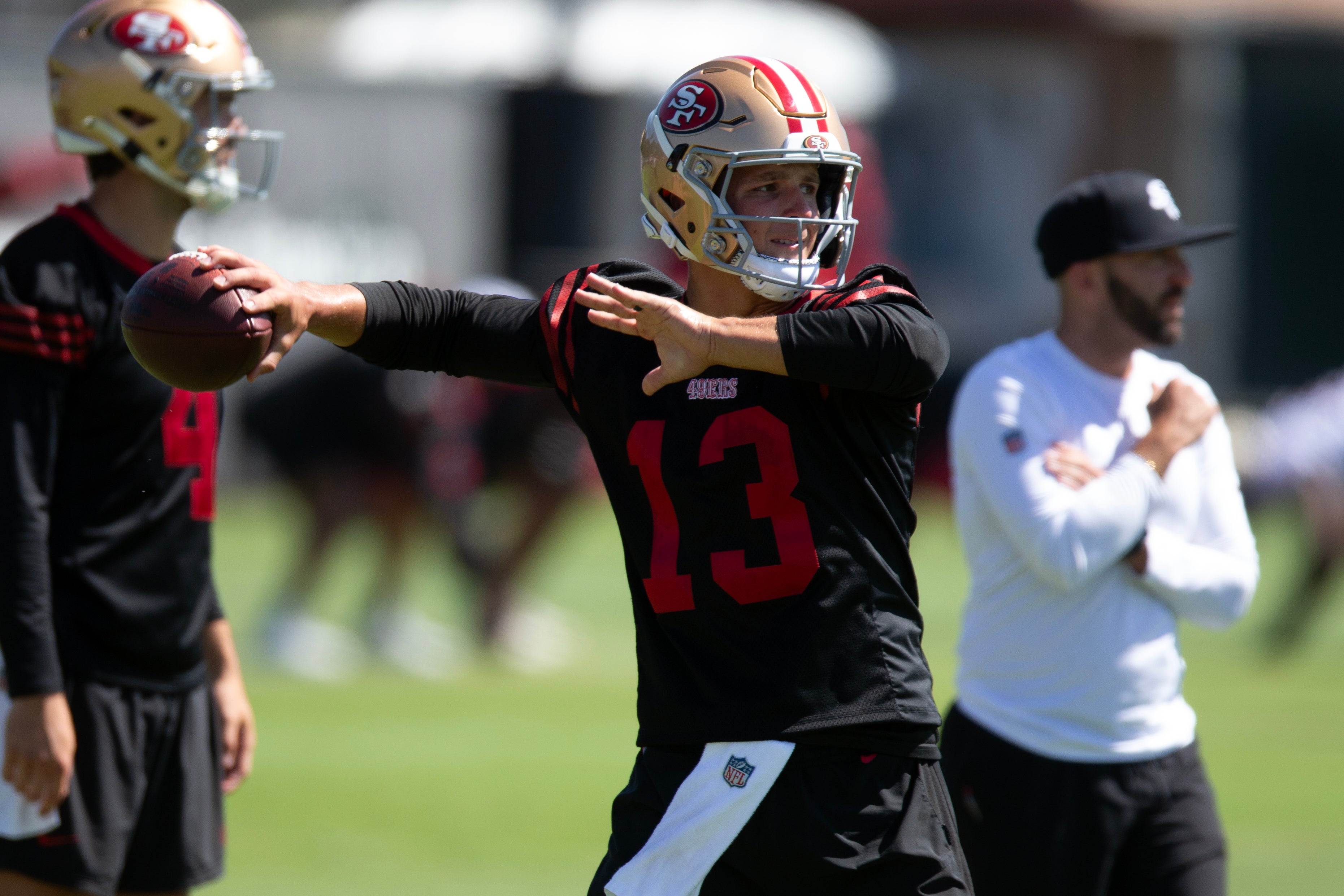 Jul 26, 2024; Santa Clara, CA, USA; San Francisco 49ers quarterback Brock Purdy (13) throws a pass during Day 4 of training camp at SAP Performance Facility.