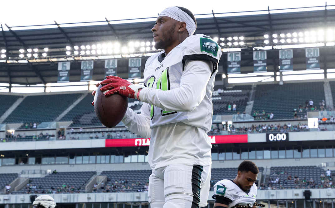 Aug 1, 2024; Philadelphia, PA, USA; Philadelphia Eagles cornerback Isaiah Rodgers (34) during a training camp practice at Lincoln Financial Field