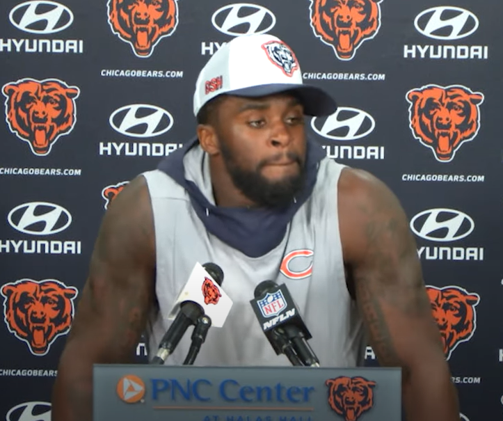 Jaylon Johnson addresses the media at Halas Hall.