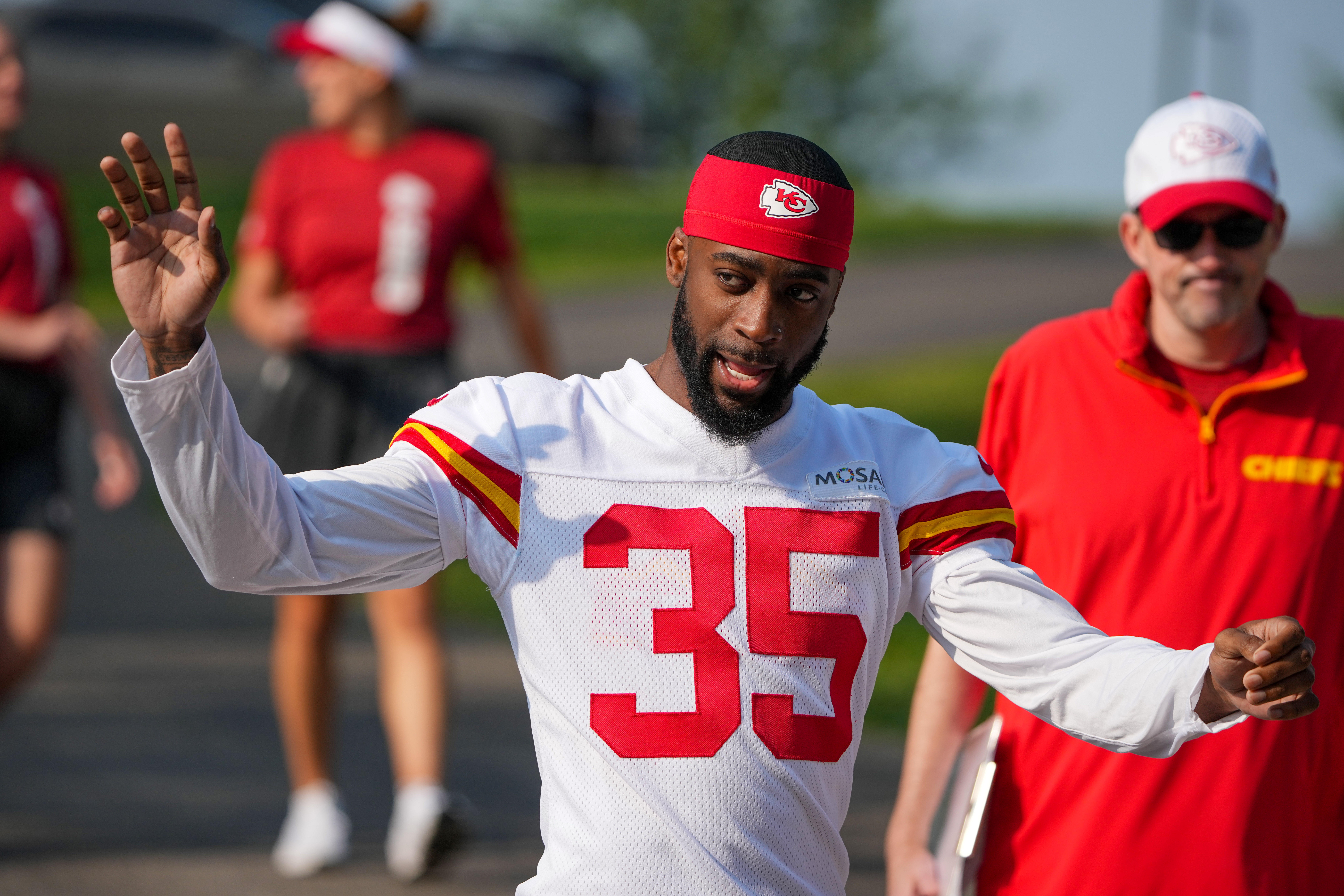 Jul 22, 2024; St. Joseph, MO, USA; Kansas City Chiefs cornerback Jaylen Watson (35) walks down the hill from the locker room to the fields prior to training camp at Missouri Western State University.