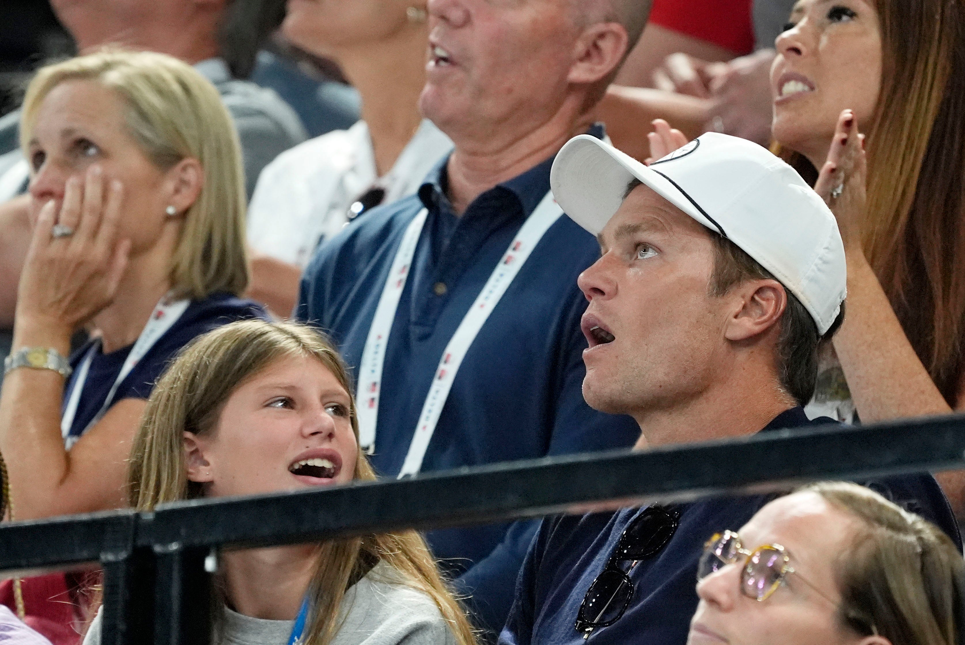 Aug 5, 2024; Paris, France; Tom Brady attends day three of the gymnastics event finals during the Paris 2024 Olympic Summer Games