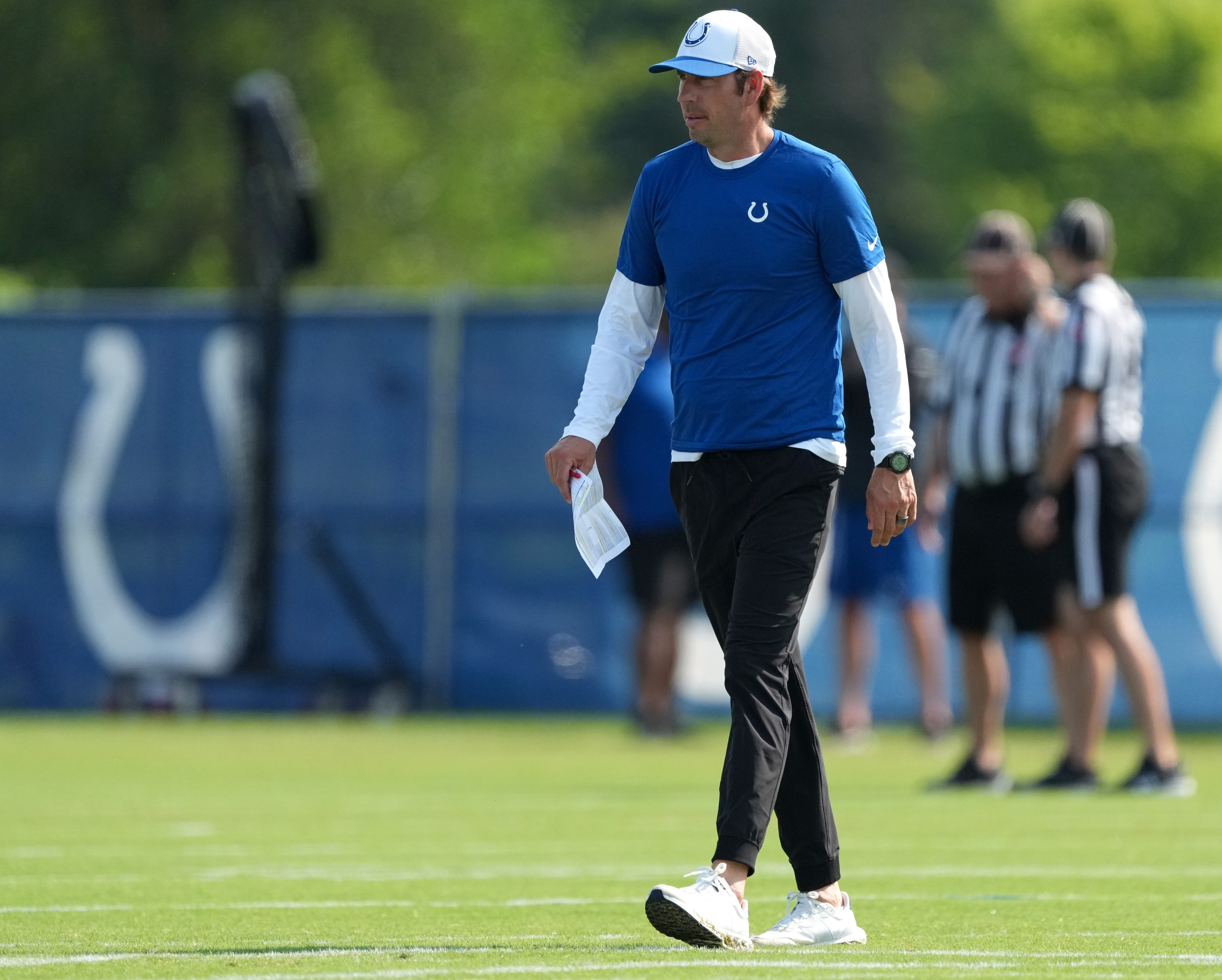 Indianapolis Colts head coach Shane Steichen walks the field during training camp Tuesday, July 30, 2024, at Grand Park Sports Complex in Westfield.