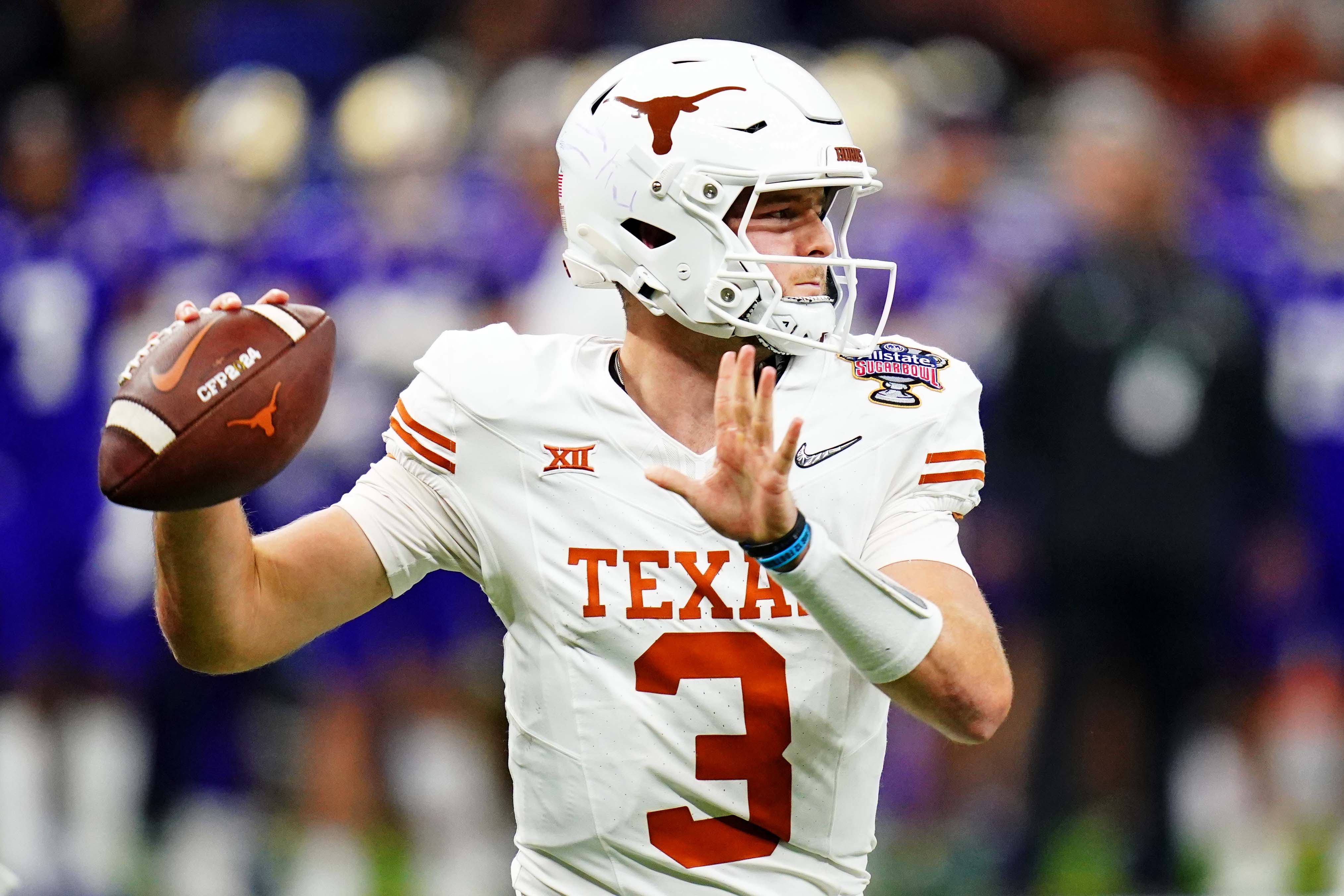 Jan 1, 2024; New Orleans, LA, USA; Texas Longhorns quarterback Quinn Ewers (3) throws a pass during the fourth quarter against the Washington Huskies in the 2024 Sugar Bowl college football playoff semifinal game at Caesars Superdome. Mandatory Credit: John David Mercer-USA TODAY Sports