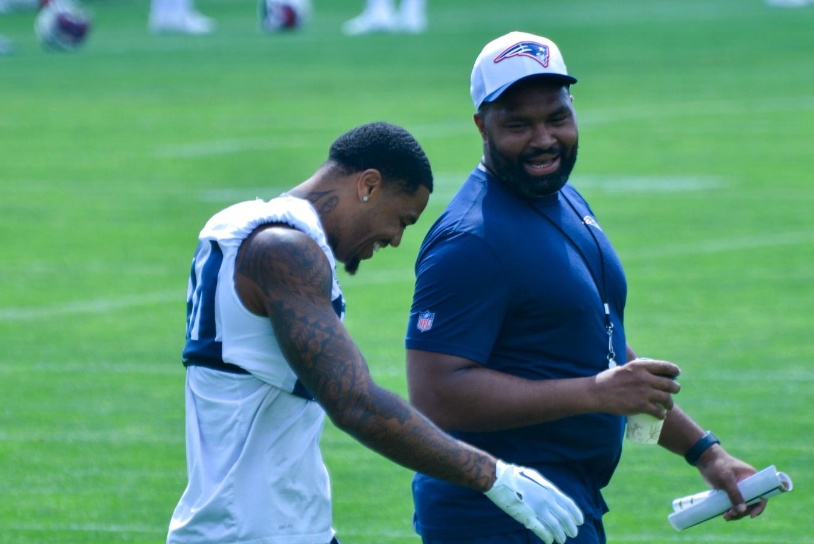 New England Patriots head coach Jerod Mayo and WR Kendrick Bourne at 2024 Training Camp