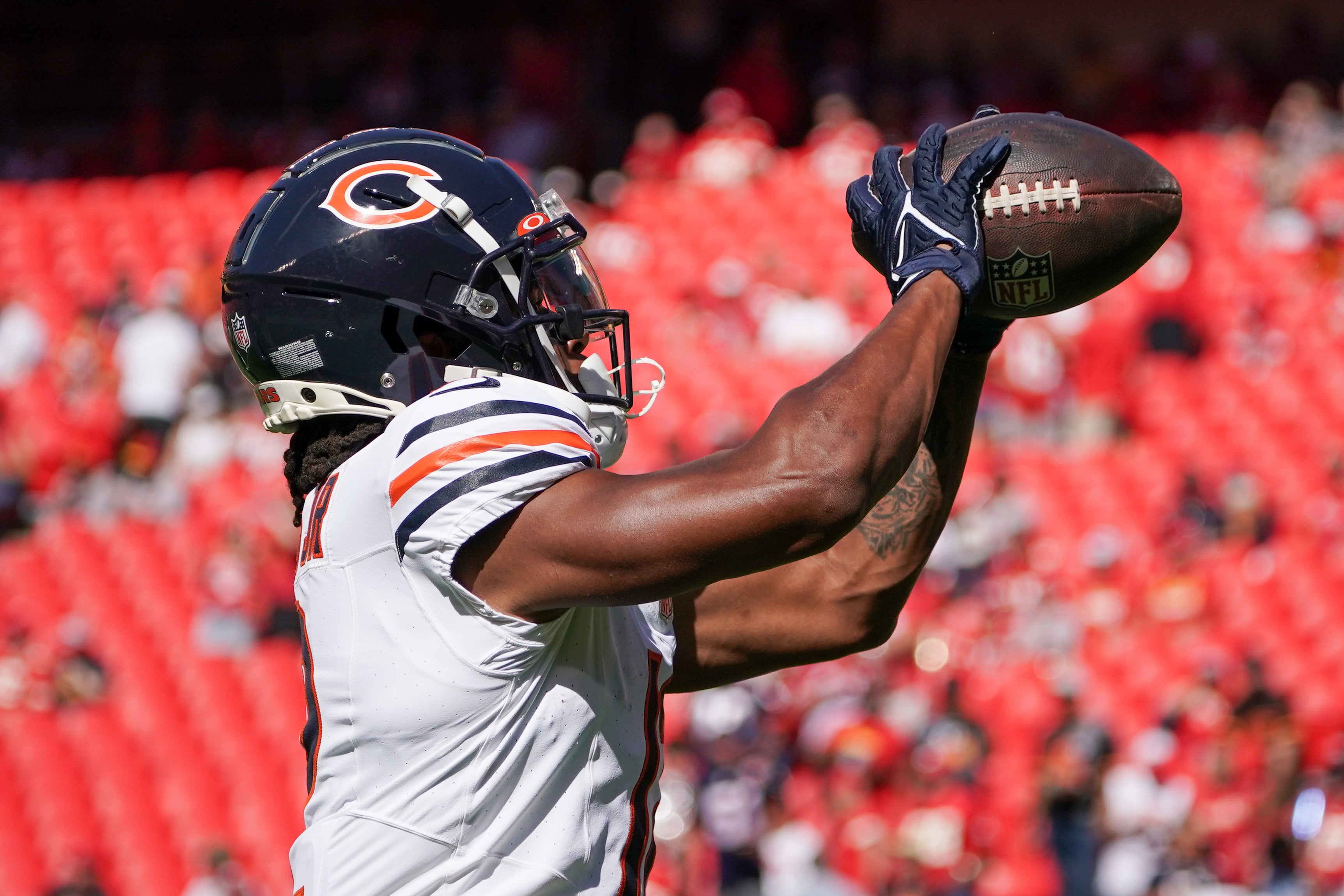 Sep 24, 2023; Kansas City, Missouri, USA; Chicago Bears wide receiver Velus Jones Jr. (12) warms up against the Kansas City Chiefs prior to a game at GEHA Field at Arrowhead Stadium.