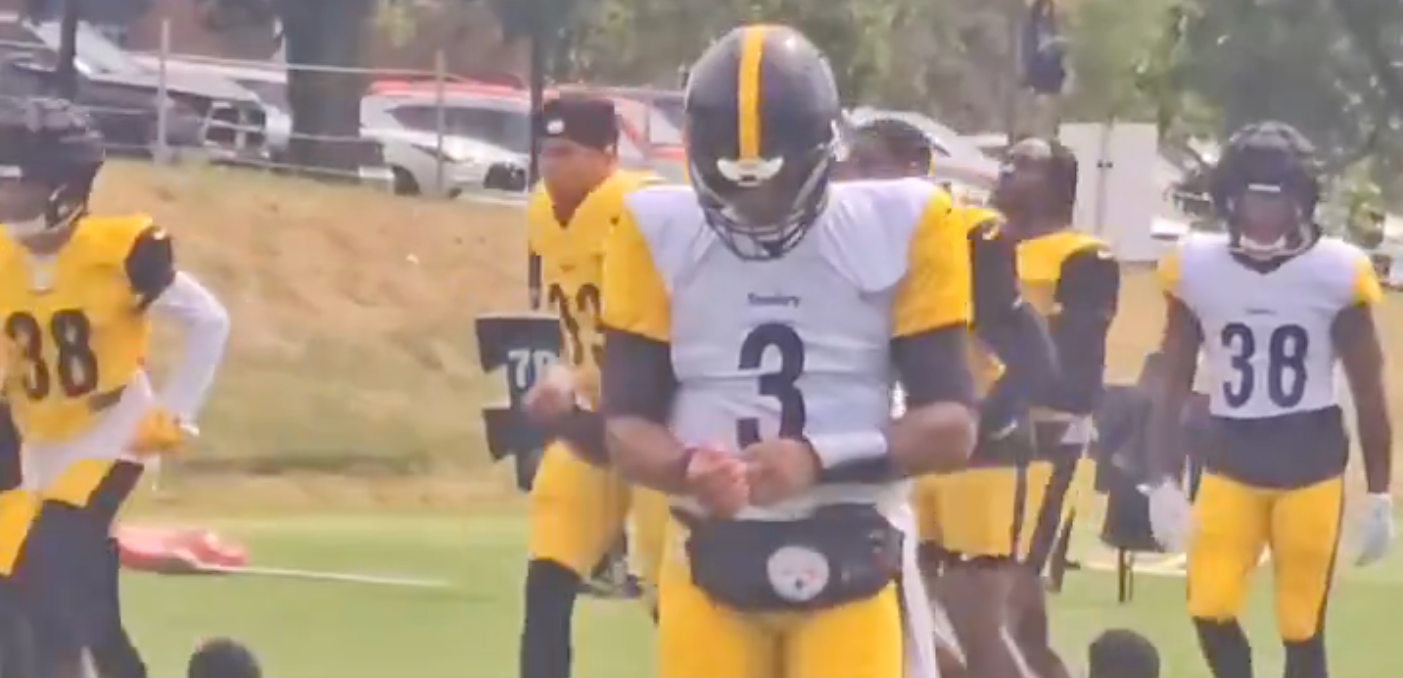 Russell Wilson warms up ahead of practice at 2024 Pittsburgh Steelers training camp in Latrobe.