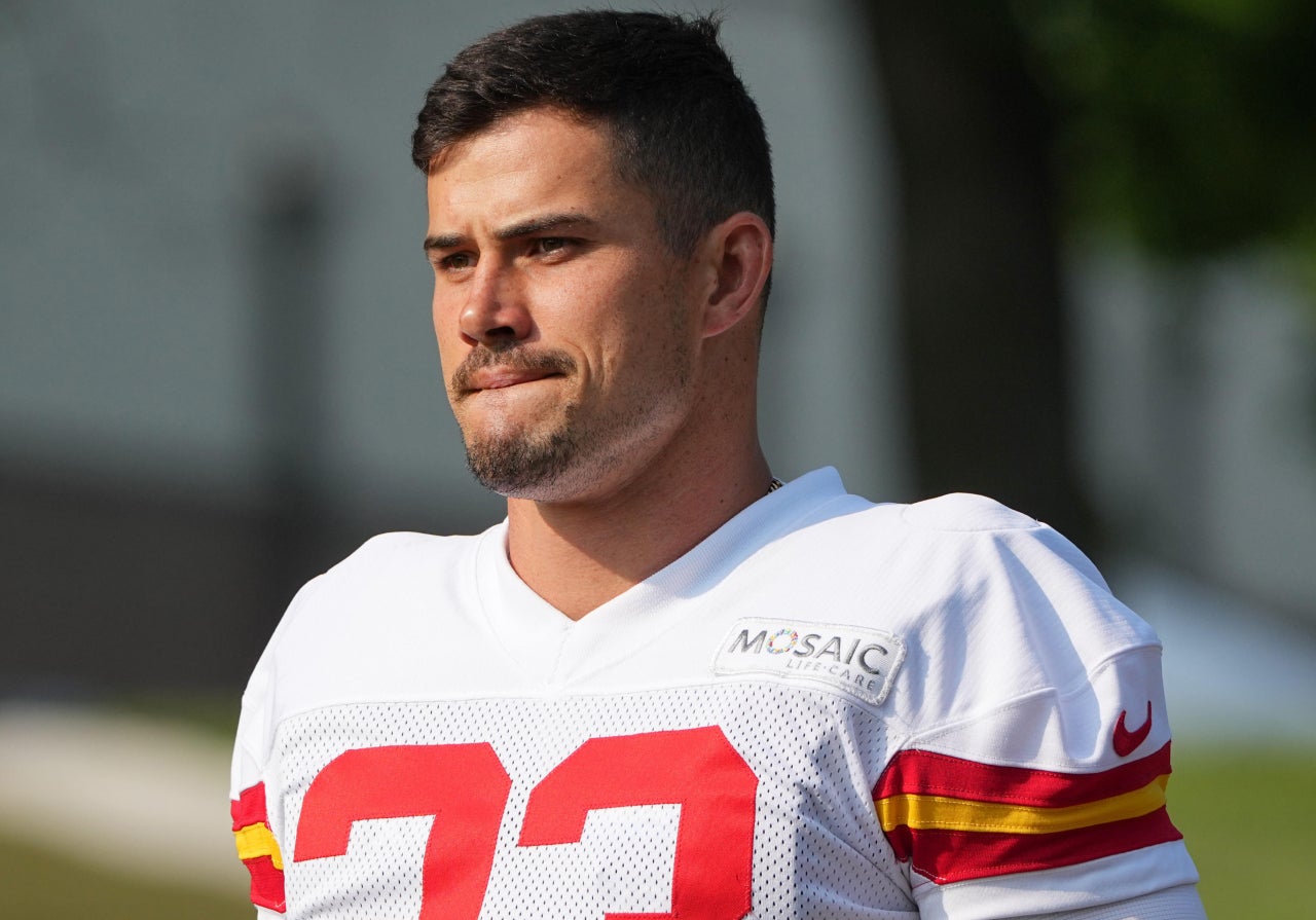Jul 22, 2024; St. Joseph, MO, USA; Kansas City Chiefs linebacker Drue Tranquill (23) walks down the hill from the locker room to the fields prior to training camp at Missouri Western State University.