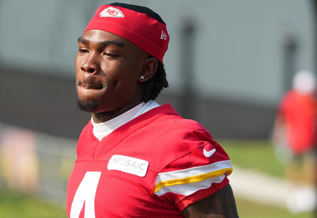 Jul 22, 2024; St. Joseph, MO, USA; Kansas City Chiefs wide receiver Rashee Rice (4) walks down the hill from the locker room to the fields prior to training camp at Missouri Western State University.