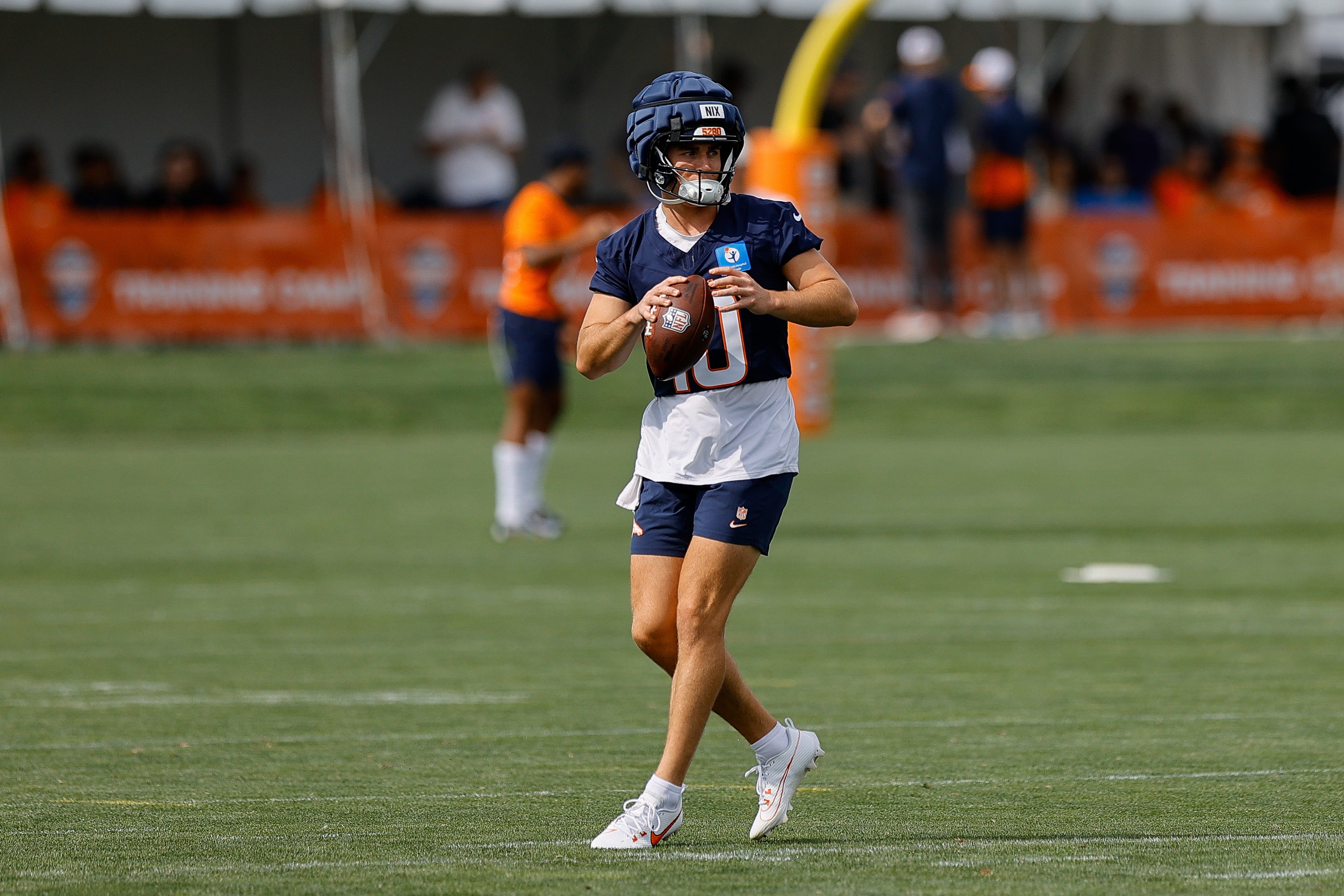 Jul 26, 2024; Englewood, CO, USA; Denver Broncos quarterback Bo Nix (10) during training camp at Broncos Park Powered by CommonSpirit.