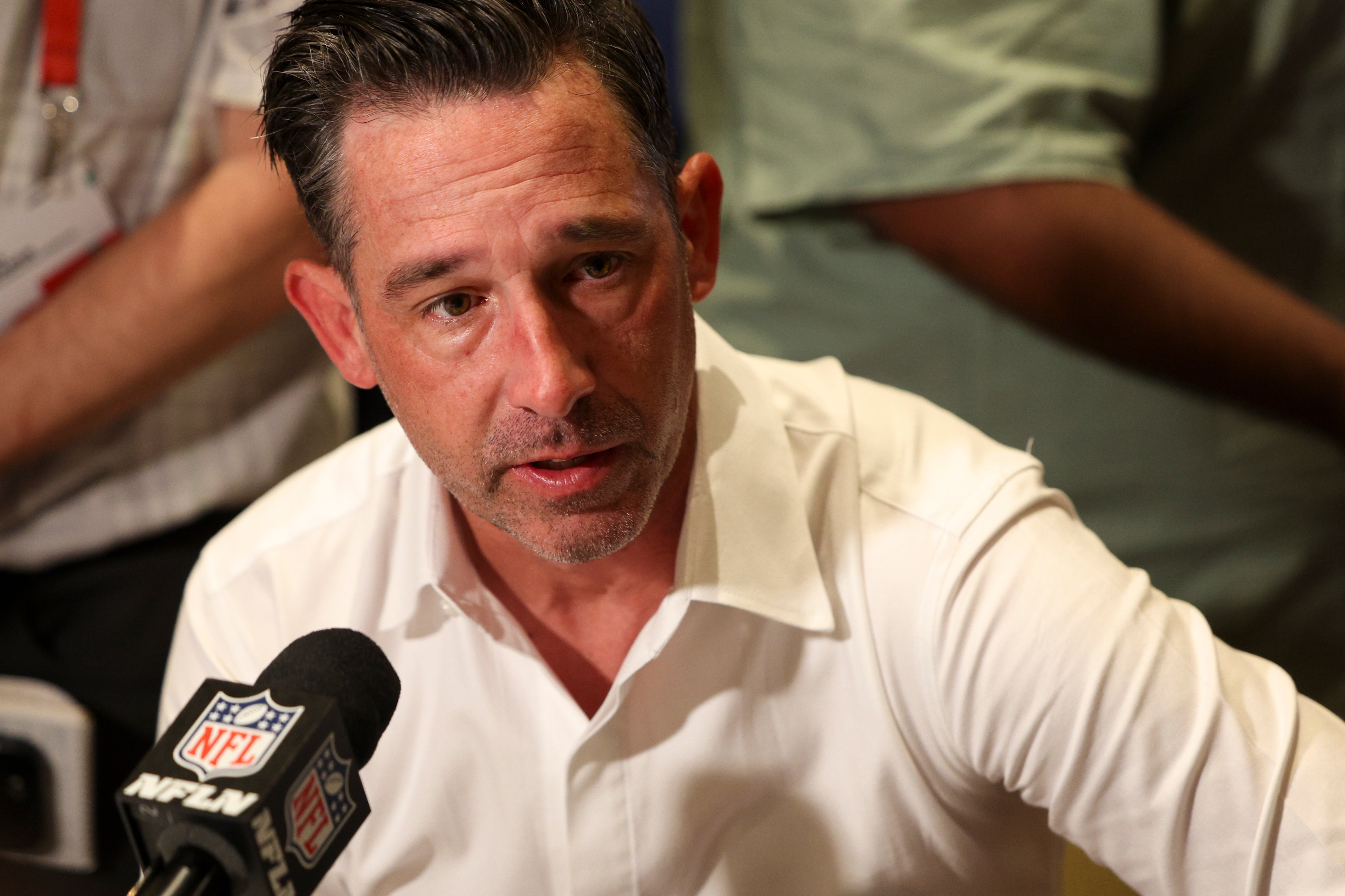 Mar 26, 2024; Orlando, FL, USA; San Francisco 49ers head coach Kyle Shanahan speaks to the media during the NFL annual league meetings at the JW Marriott.