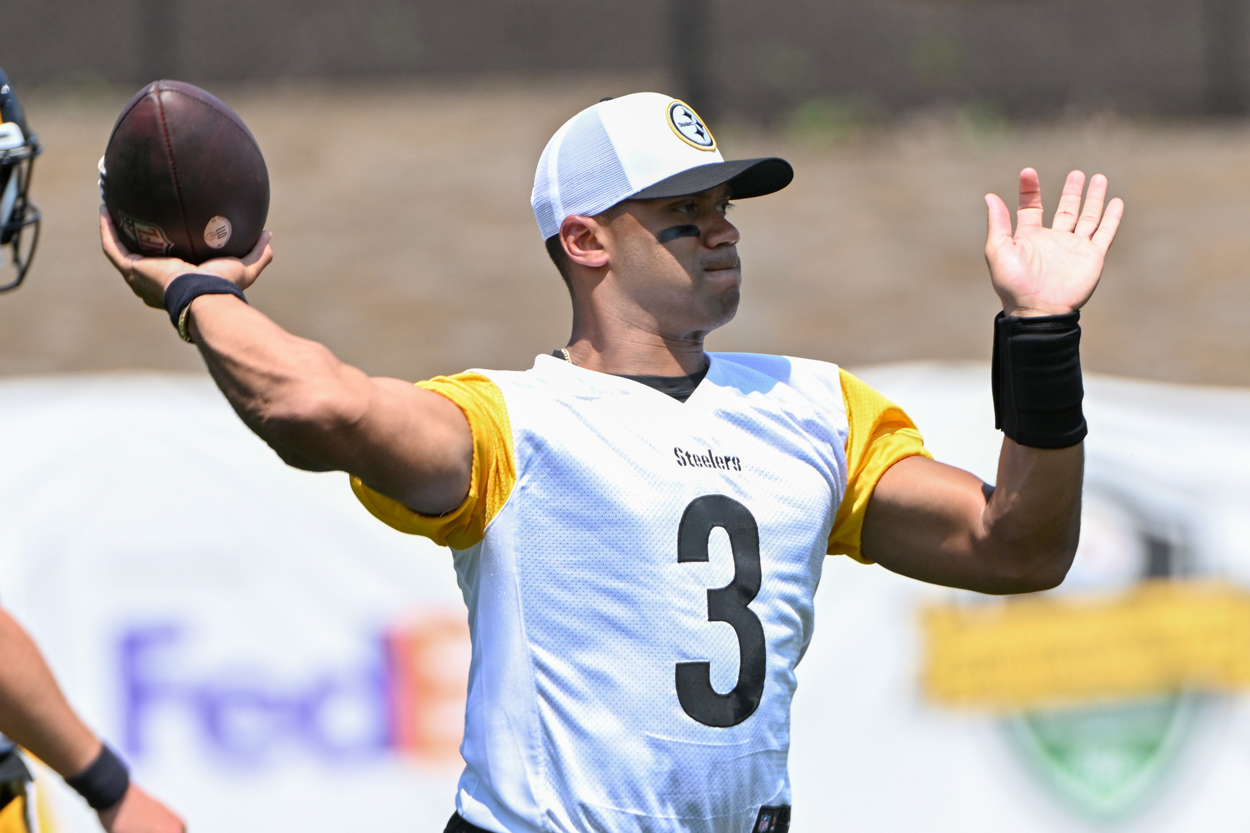 Jul 27, 2024; Latrobe, PA, USA; Pittsburgh Steelers quarterback Russell Wilson (3) participates in drills during training camp at Saint Vincent College. Mandatory Credit: Barry Reeger-USA TODAY Sports