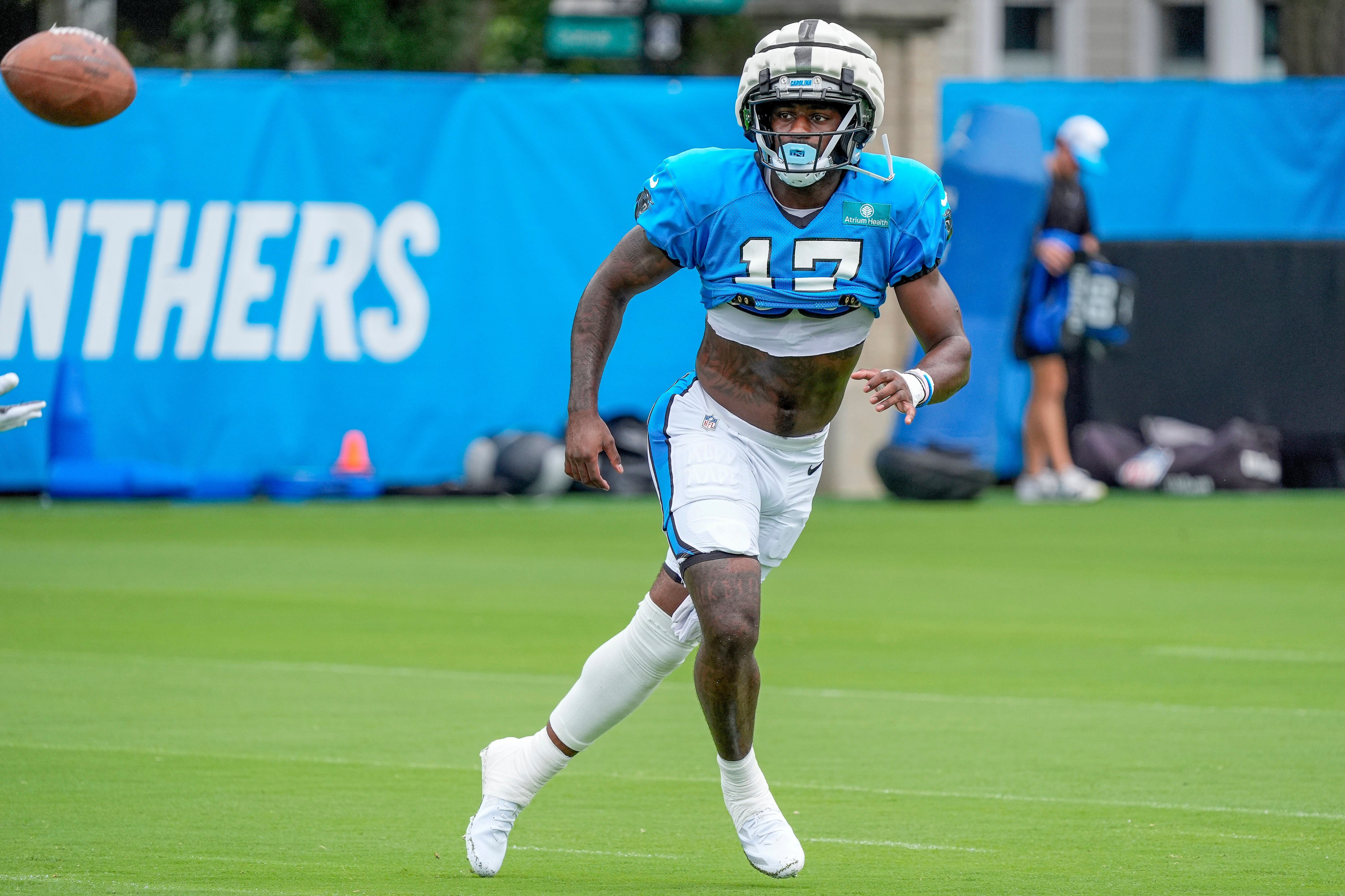 Jul 30, 2024; Charlotte, NC, USA; Carolina Panthers wide receiver Xavier Legette (17) makes a catch during training camp at Carolina Panthers Practice Fields. Mandatory Credit: Jim Dedmon-USA TODAY Sports