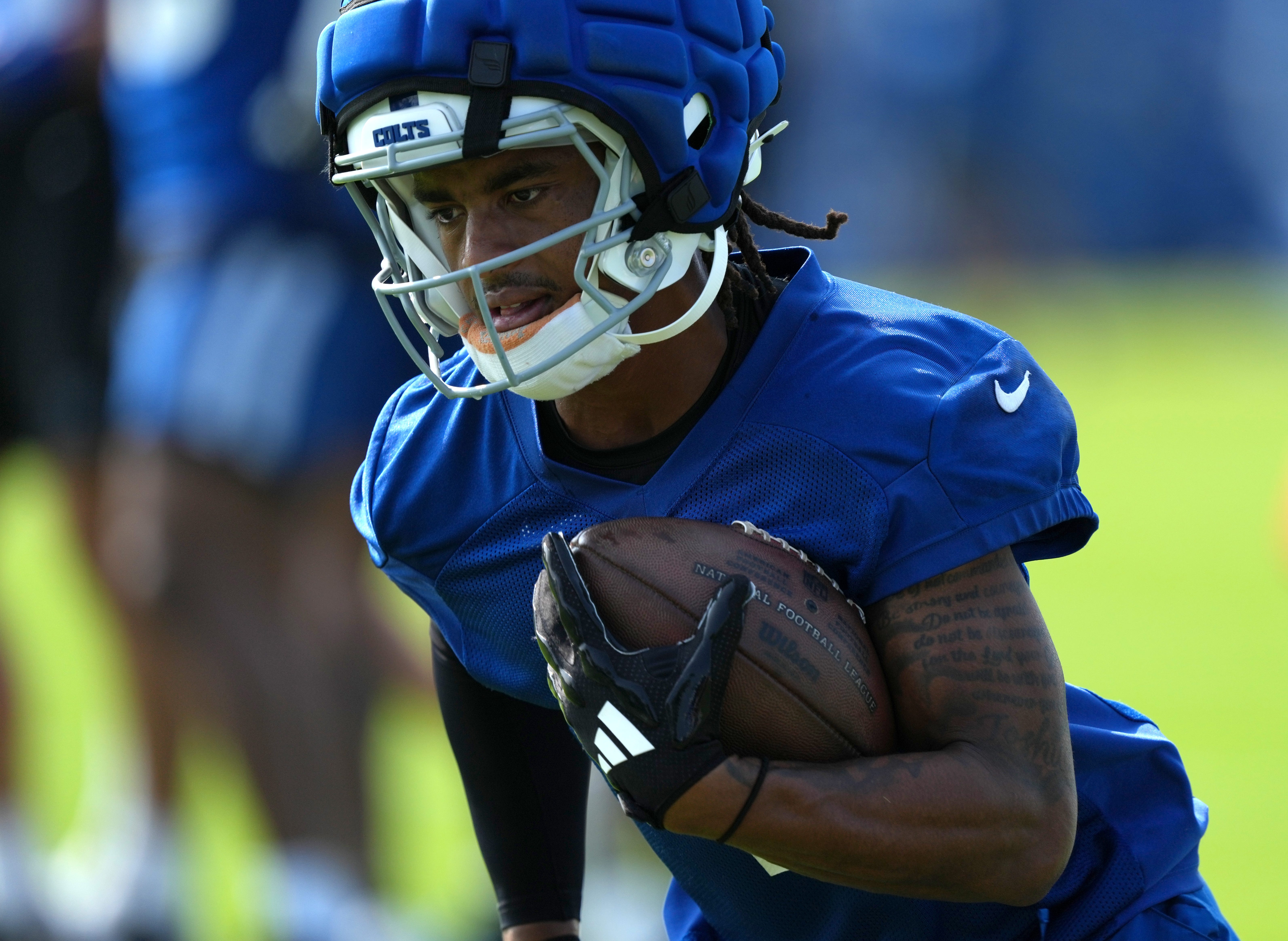 Indianapolis Colts wide receiver Josh Downs (1) runs during the first day of the Indianapolis Colts’ training camp Thursday, July 25, 2024, at Grand Park Sports Complex in Westfield.