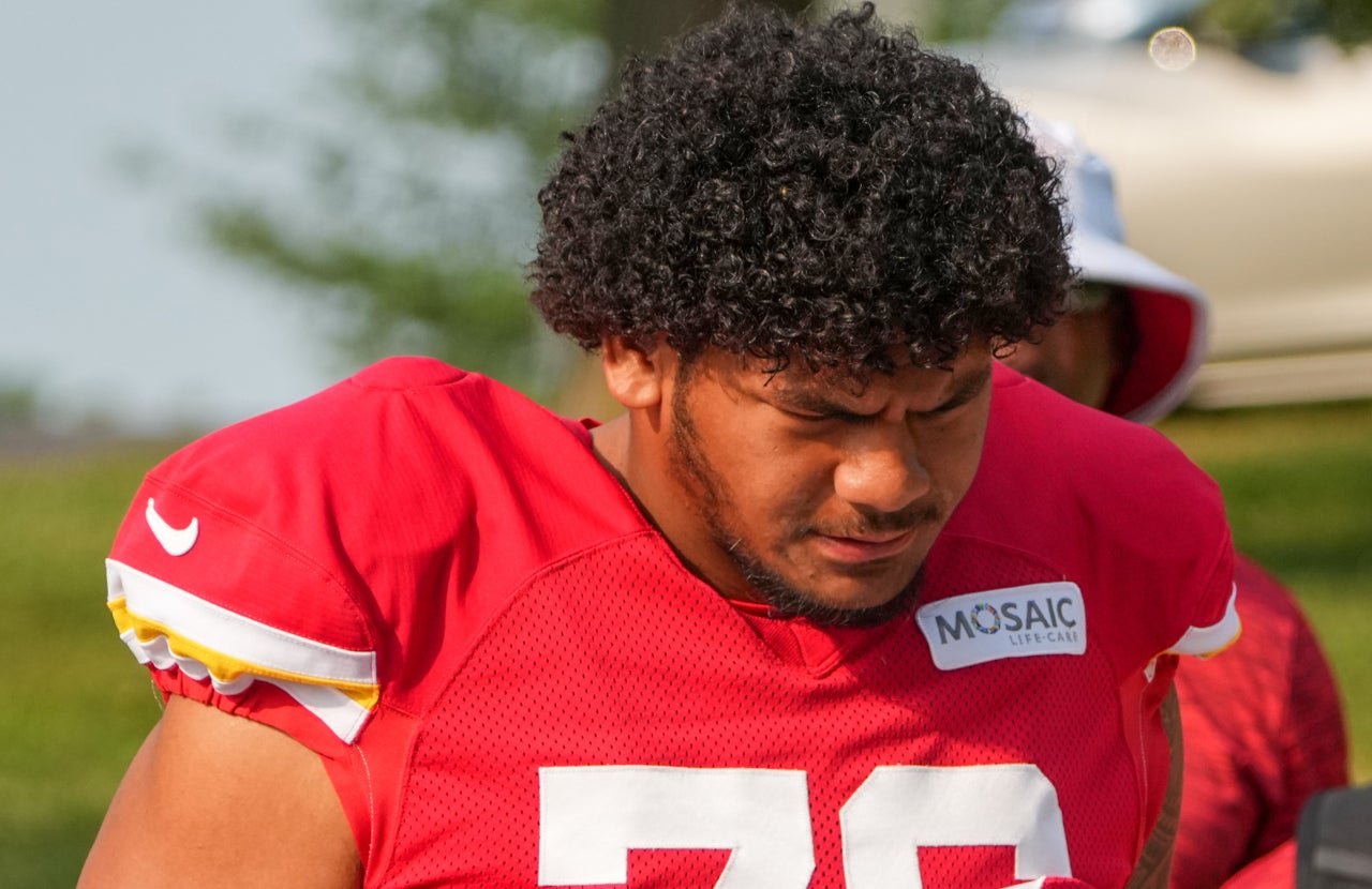 Jul 26, 2024; Kansas City, MO, USA; Kansas City Chiefs offensive tackle Kingsley Suamataia (76) walks from the locker room to the fields prior to training camp at Missouri Western State University.