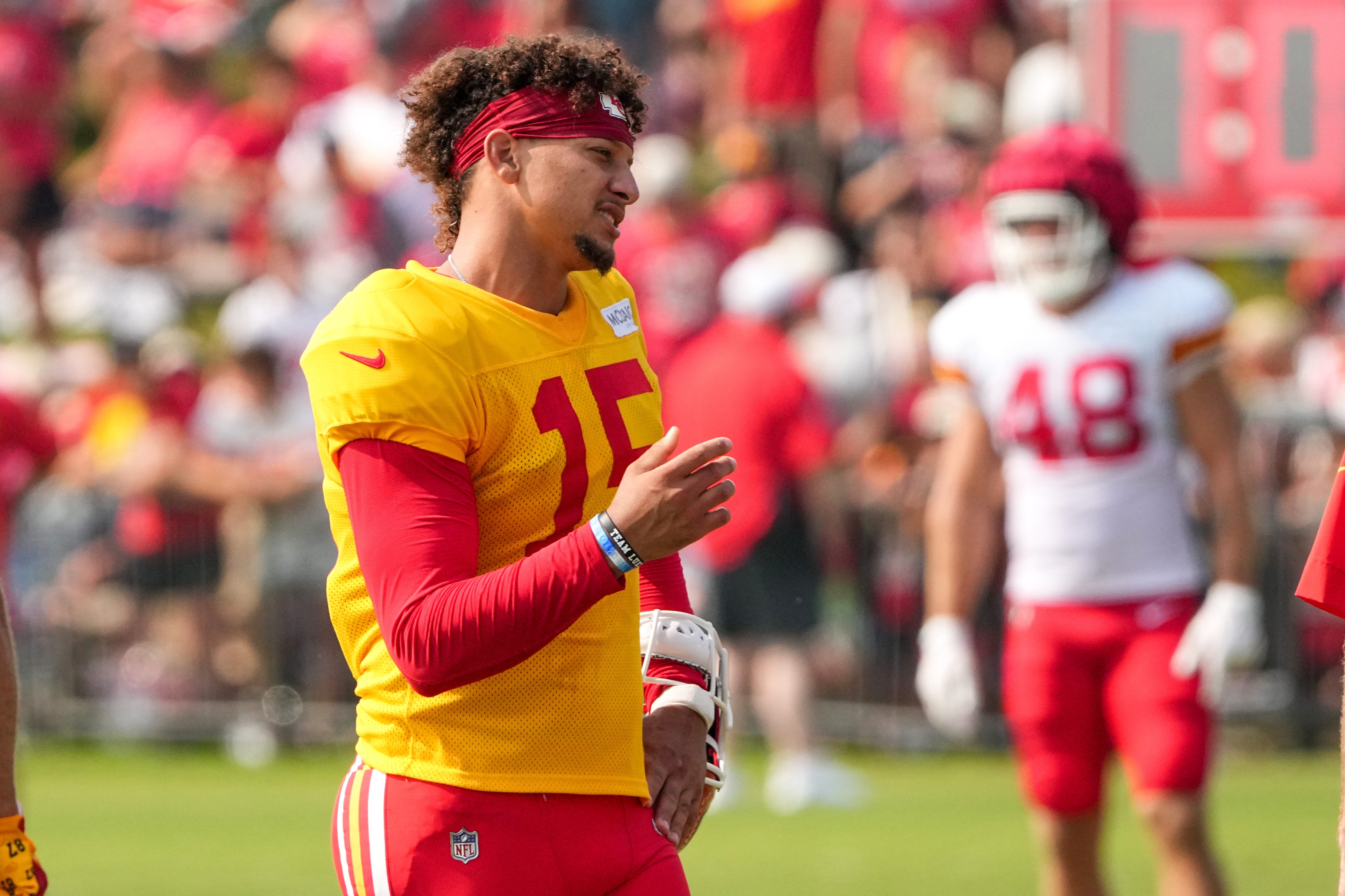 Jul 26, 2024; Kansas City, MO, USA; Kansas City Chiefs quarterback Patrick Mahomes (15) reacts during training camp at Missouri Western State University.