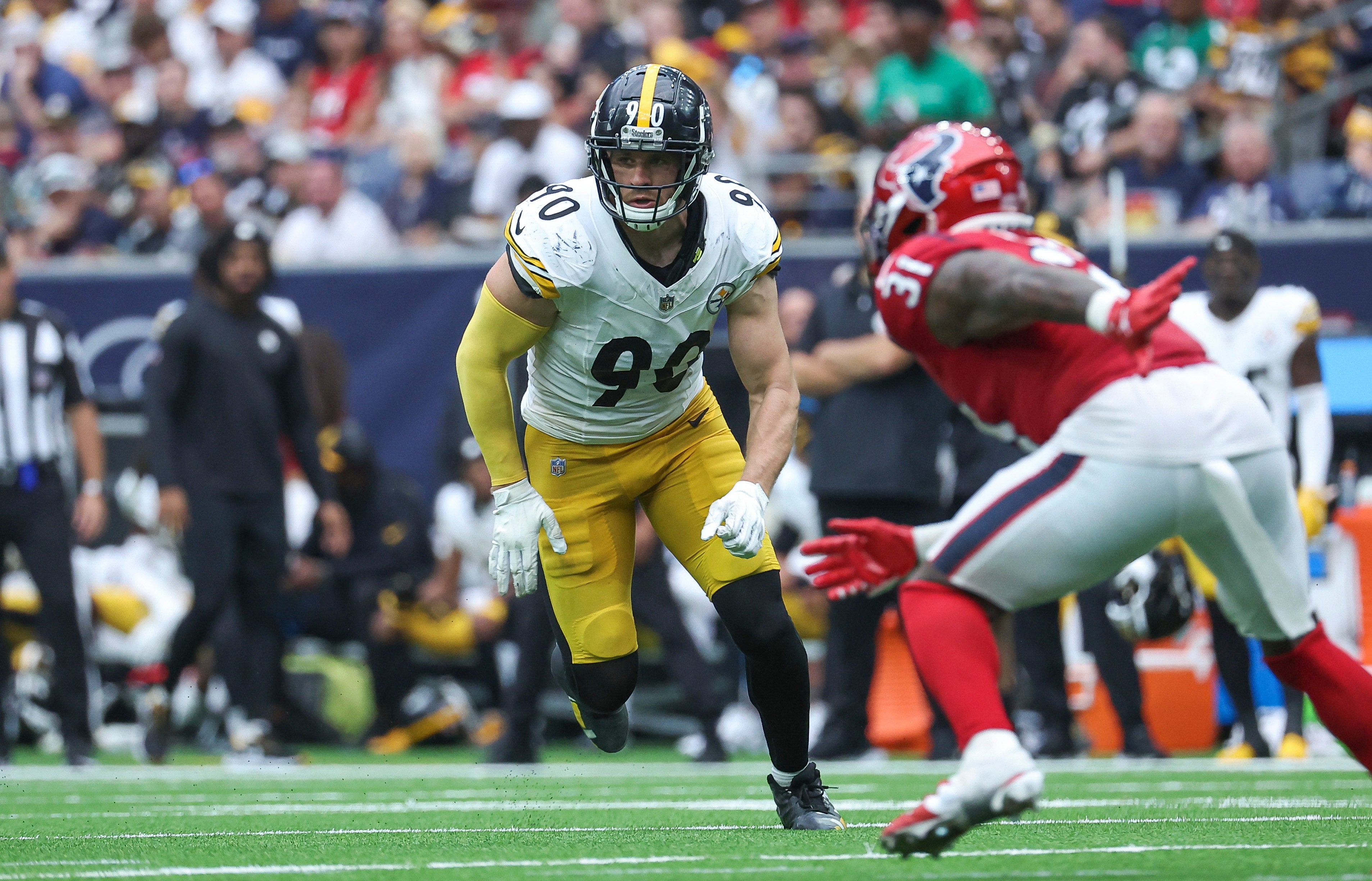 Oct 1, 2023; Houston, Texas, USA; Pittsburgh Steelers linebacker T.J. Watt (90) in action during the game against the Houston Texans at NRG Stadium. Mandatory Credit: Troy Taormina-USA TODAY Sports  