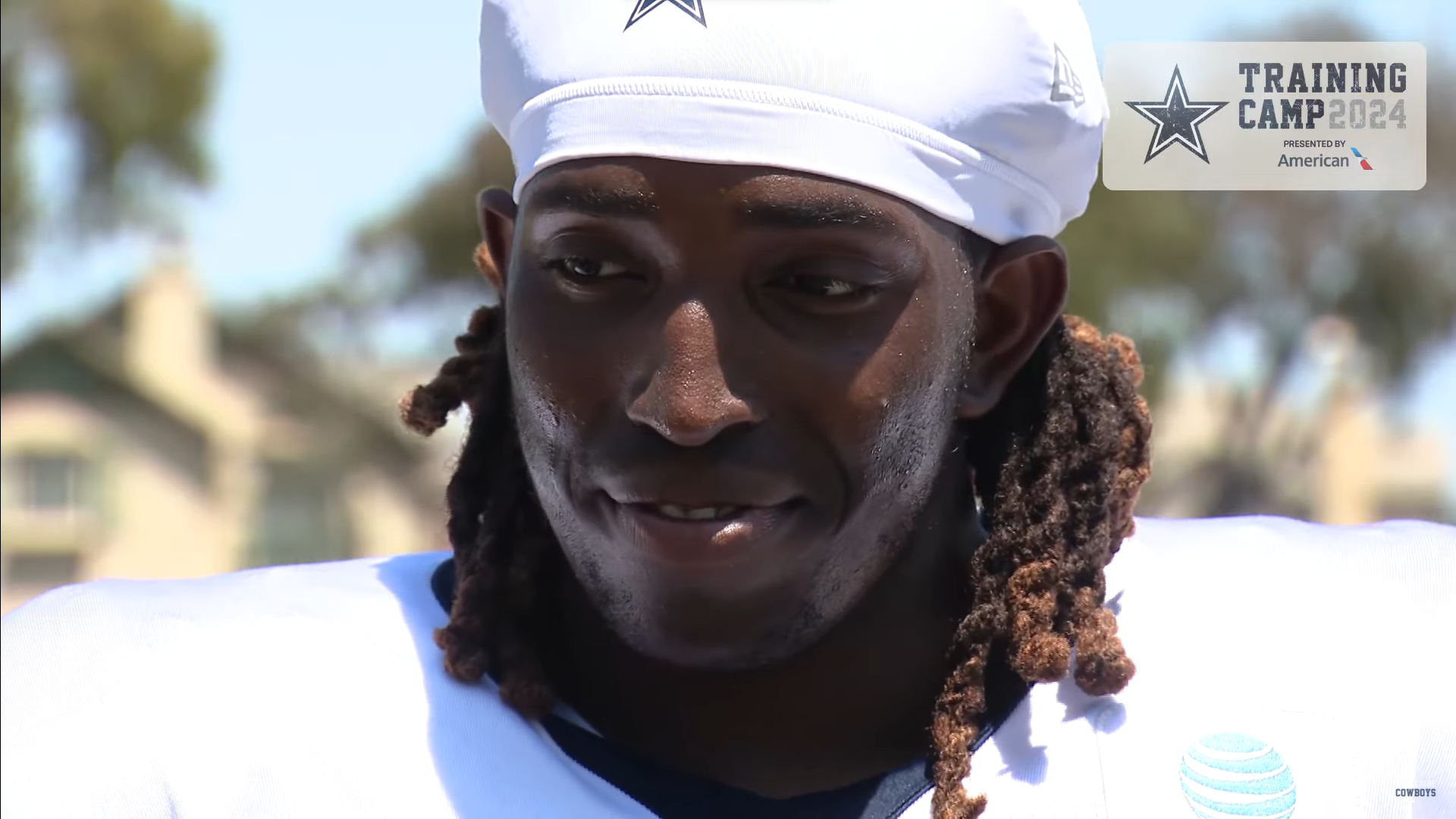 Dallas Cowboys OT Tyler Guyton talks to reporters at 2024 training camp.