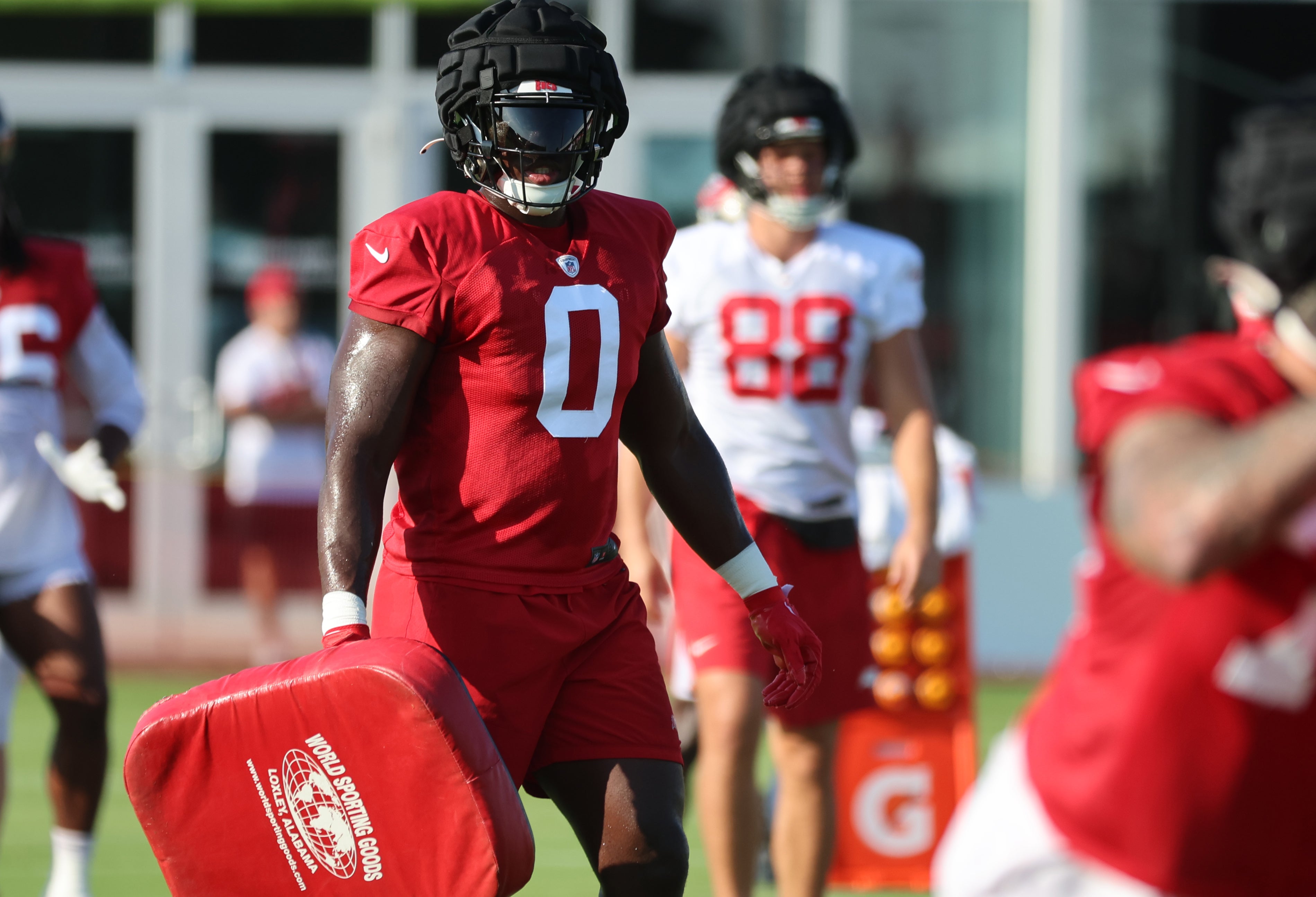 Jul 30, 2023; Tampa, FL, USA; Tampa Bay Buccaneers linebacker Yaya Diaby (0) during training camp at AdventHealth Training Center.