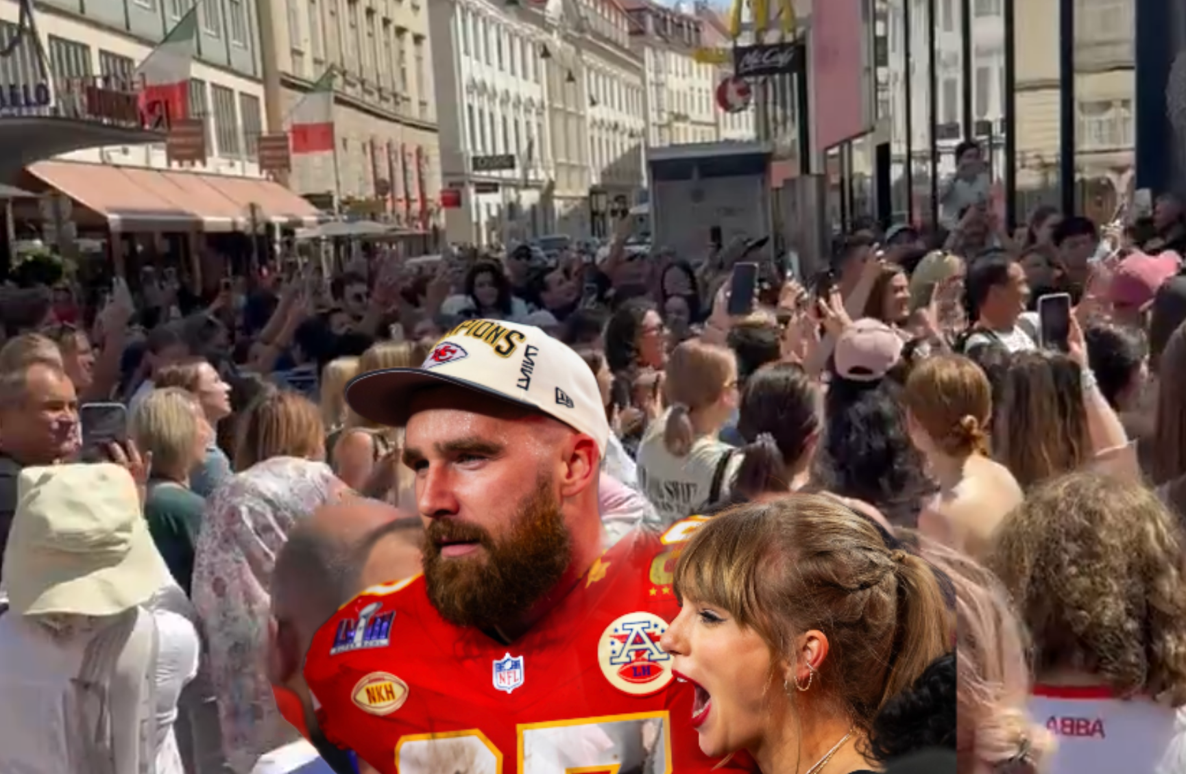 Fans sing "Karma is the guy on the Chiefs" in the streets of Vienna, Austria after the Eras Tour shows were cancelled.
