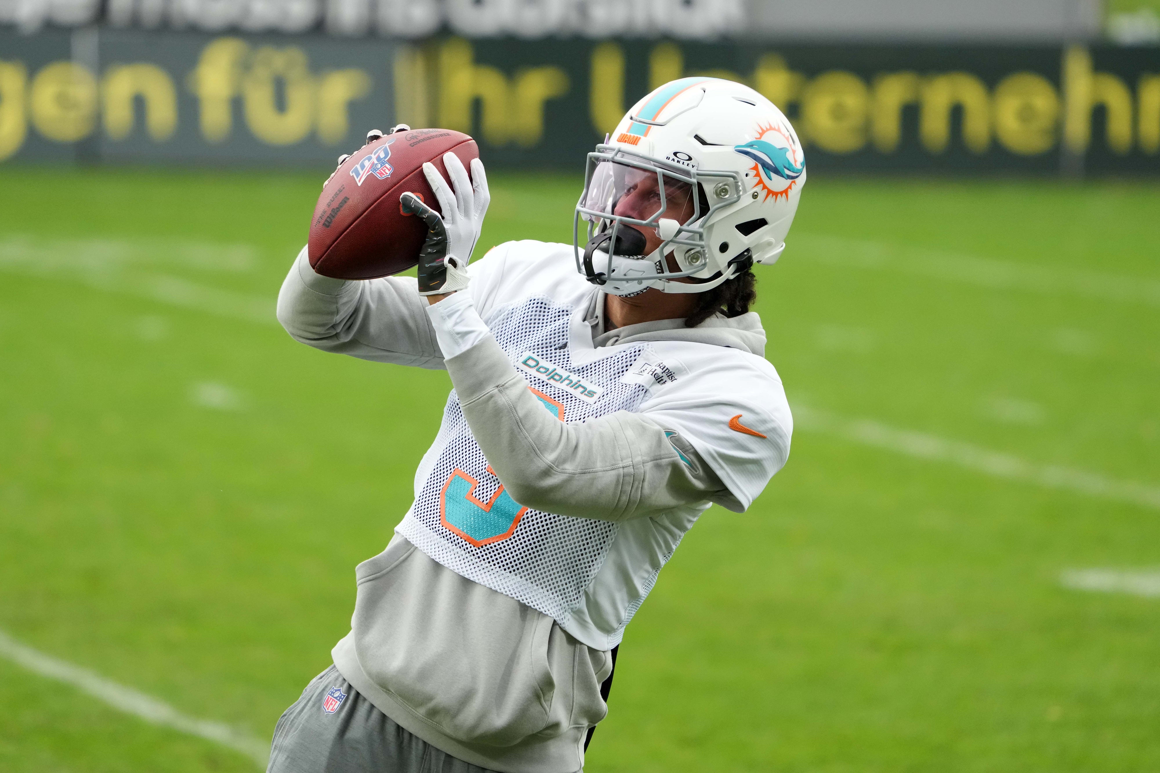 Nov 2, 2023; Frankfurt, Germany; Miami Dolphins wide receiver Robbie Chosen (3) catches the ball during practice at the PSD Bank Arena.